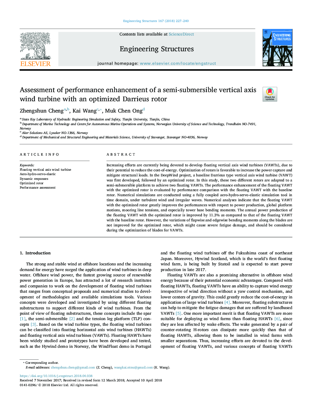 Assessment of performance enhancement of a semi-submersible vertical axis wind turbine with an optimized Darrieus rotor