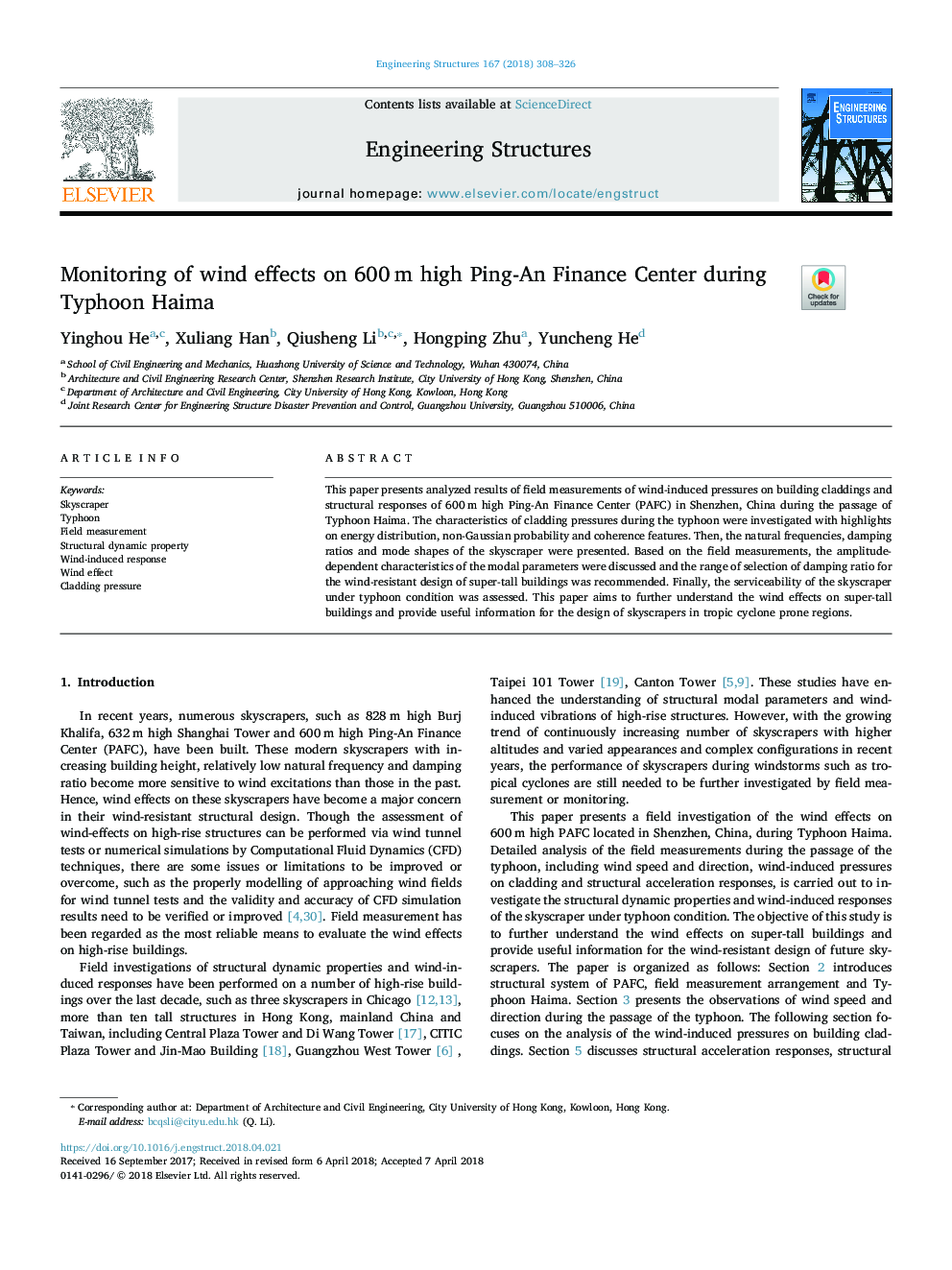 Monitoring of wind effects on 600â¯m high Ping-An Finance Center during Typhoon Haima