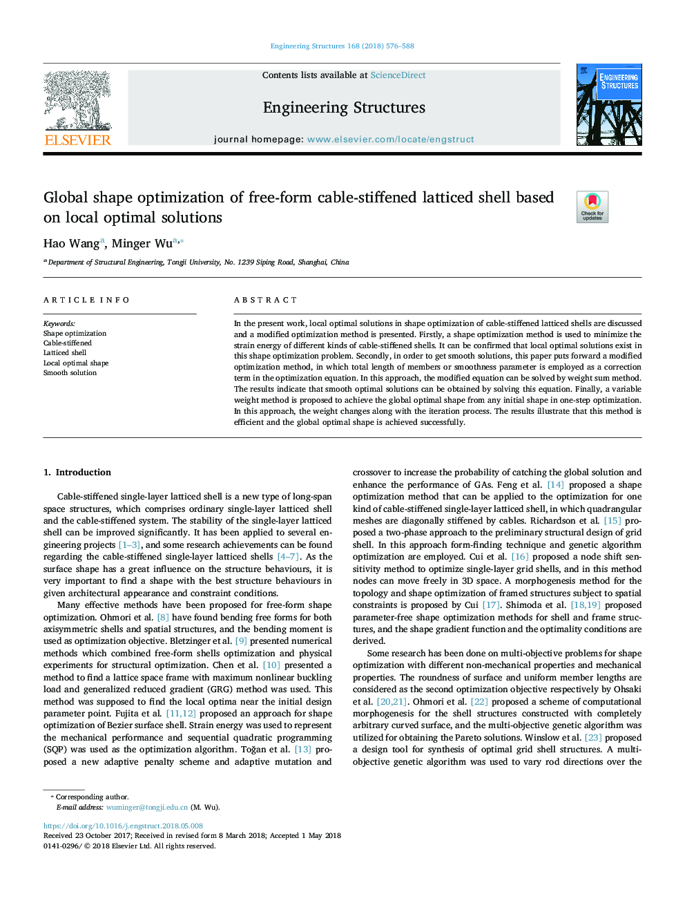 Global shape optimization of free-form cable-stiffened latticed shell based on local optimal solutions