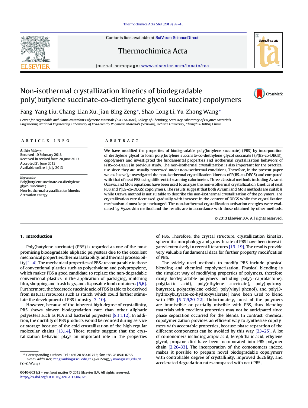 Non-isothermal crystallization kinetics of biodegradable poly(butylene succinate-co-diethylene glycol succinate) copolymers