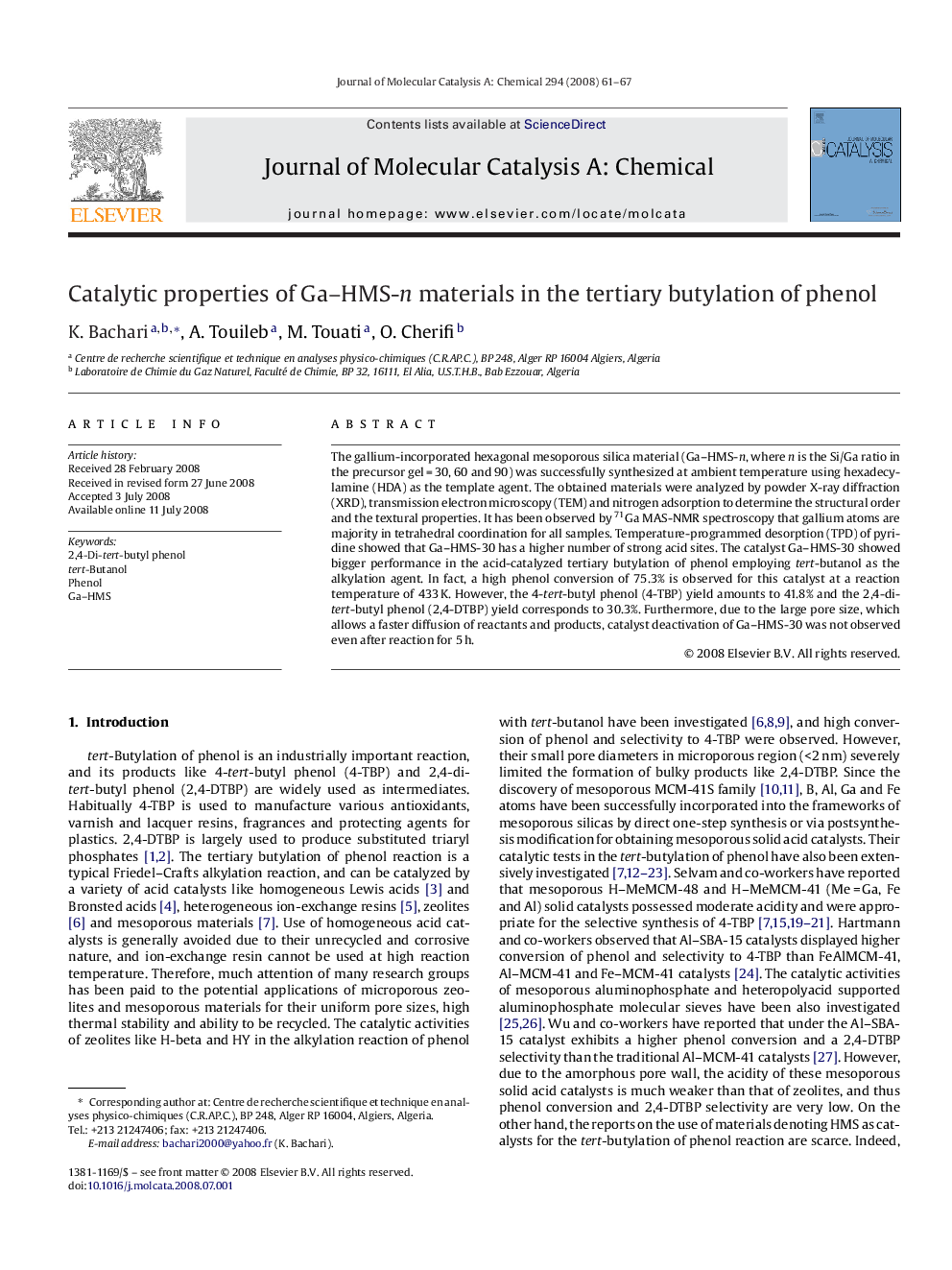 Catalytic properties of Ga–HMS-n materials in the tertiary butylation of phenol