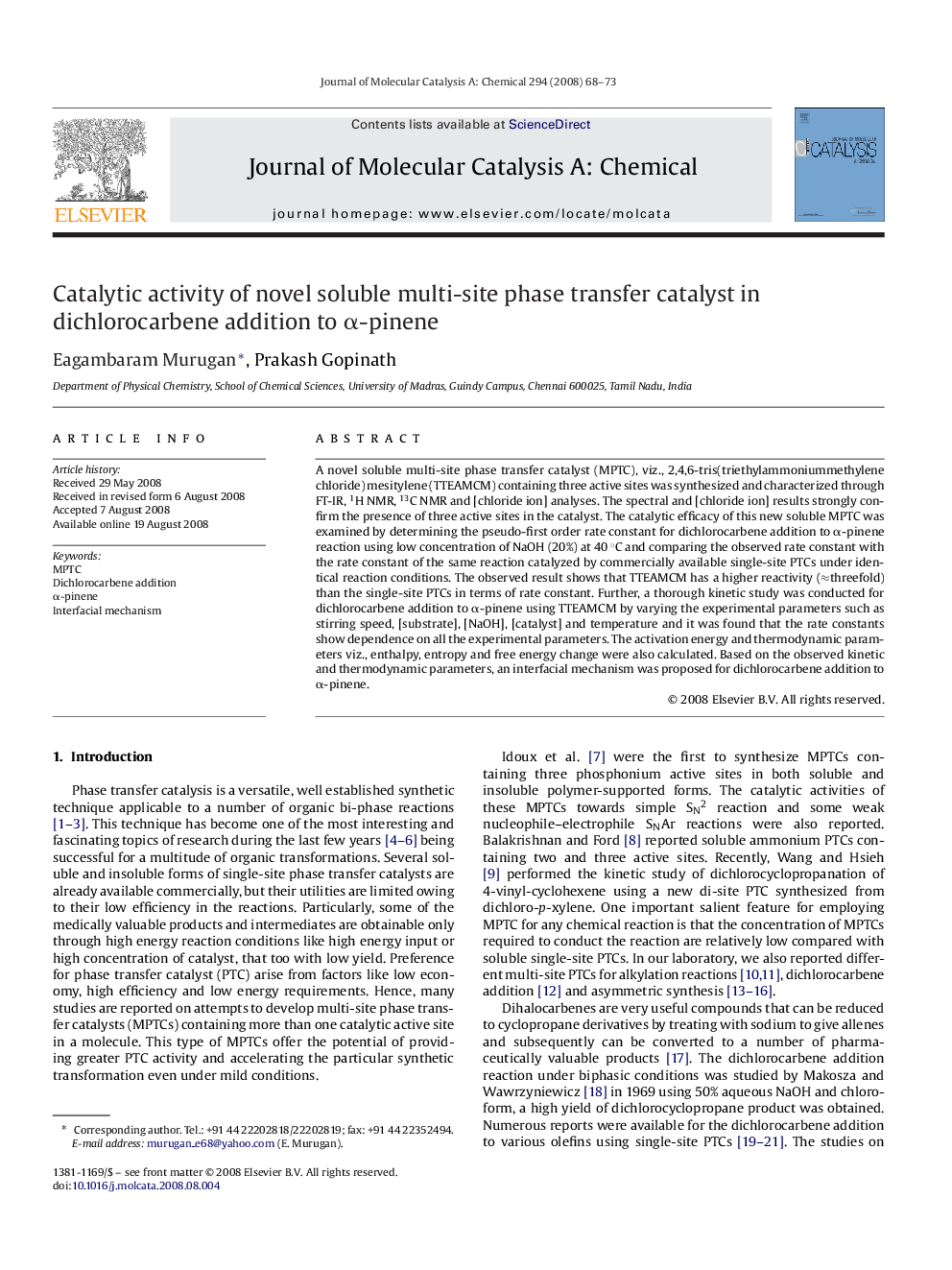 Catalytic activity of novel soluble multi-site phase transfer catalyst in dichlorocarbene addition to α-pinene