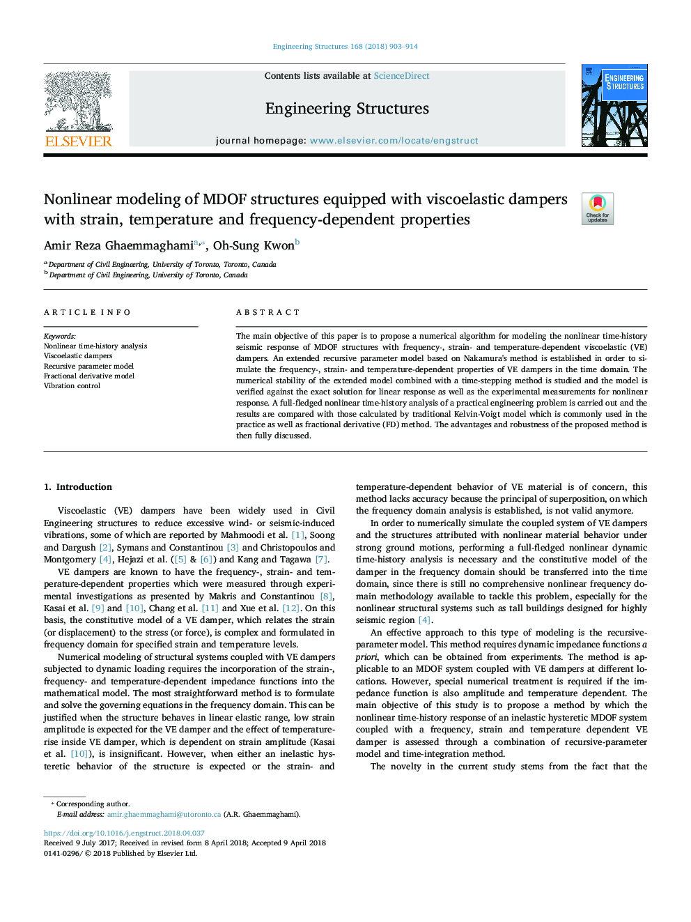 Nonlinear modeling of MDOF structures equipped with viscoelastic dampers with strain, temperature and frequency-dependent properties