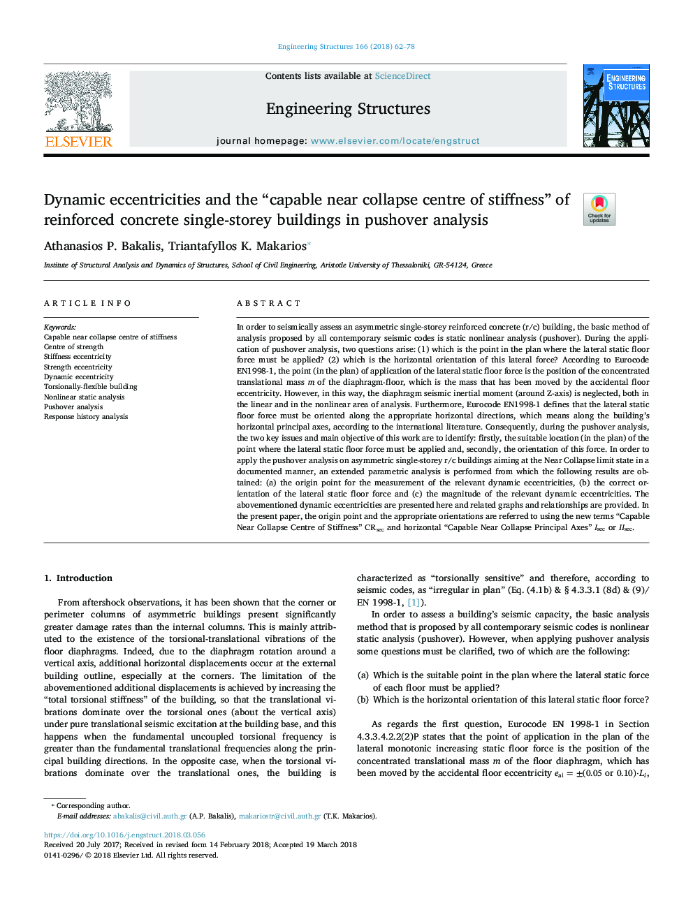 Dynamic eccentricities and the “capable near collapse centre of stiffness” of reinforced concrete single-storey buildings in pushover analysis