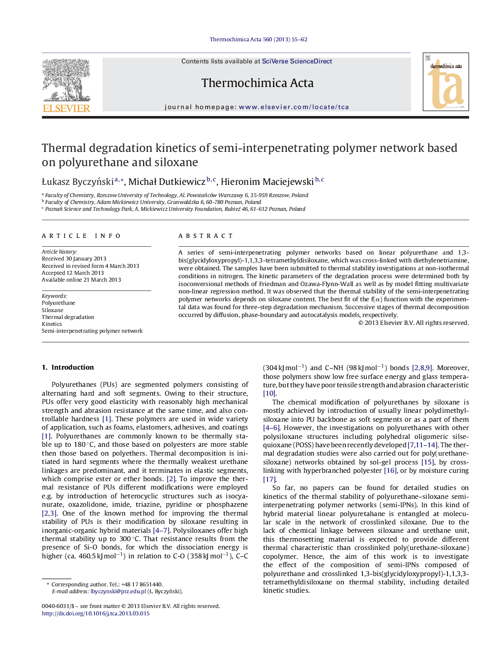 Thermal degradation kinetics of semi-interpenetrating polymer network based on polyurethane and siloxane