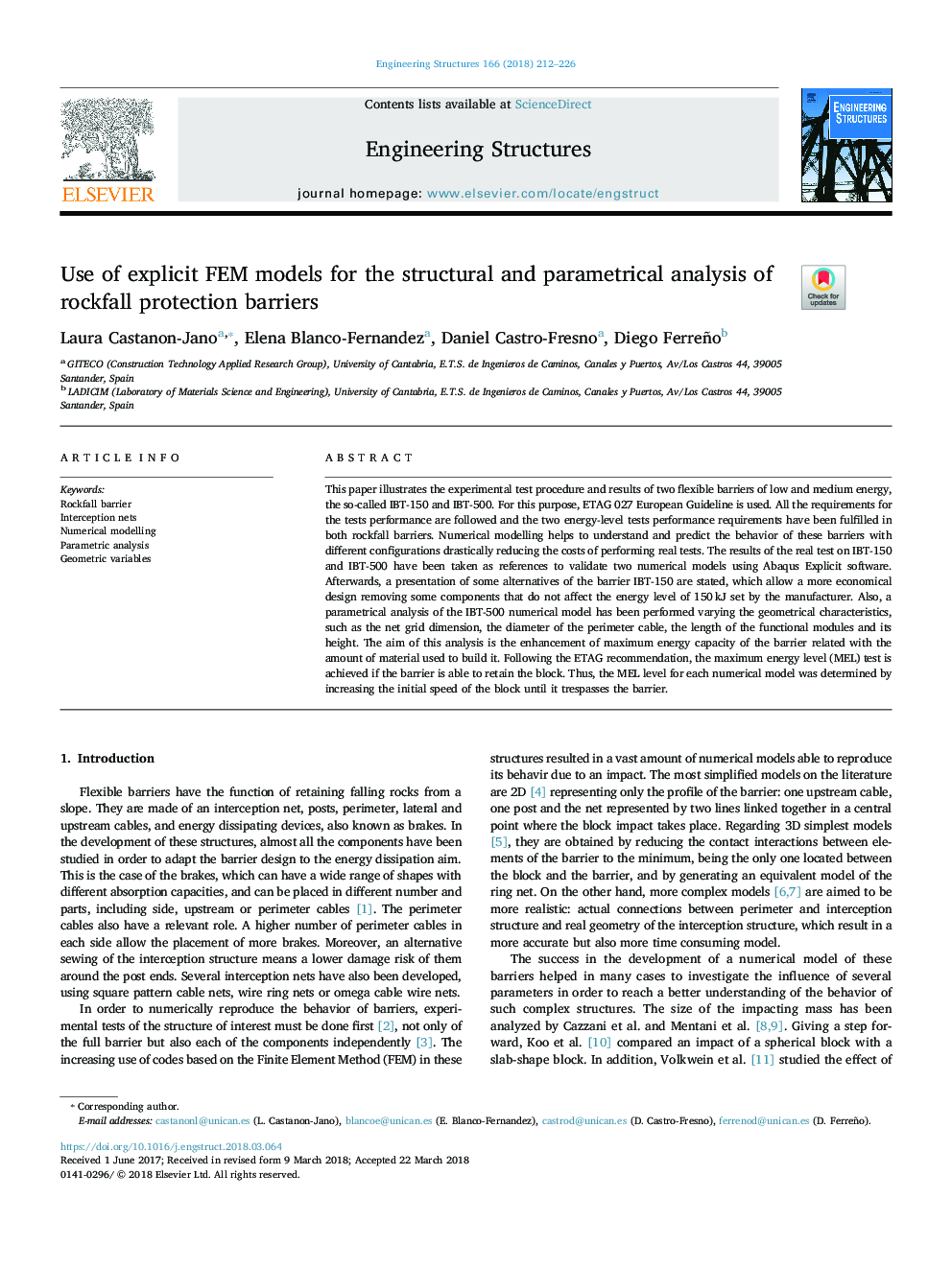 Use of explicit FEM models for the structural and parametrical analysis of rockfall protection barriers