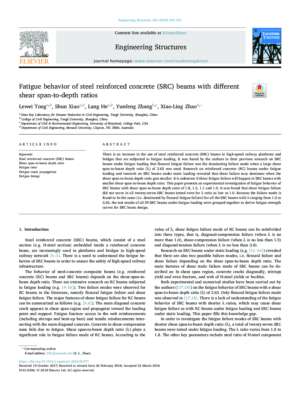 Fatigue behavior of steel reinforced concrete (SRC) beams with different shear span-to-depth ratios