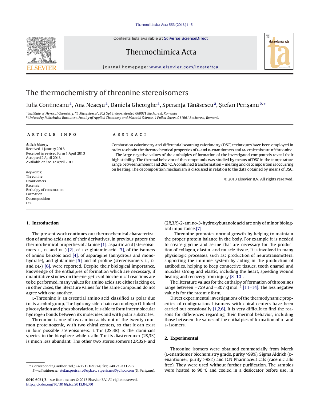 The thermochemistry of threonine stereoisomers