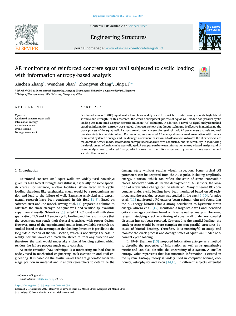 AE monitoring of reinforced concrete squat wall subjected to cyclic loading with information entropy-based analysis