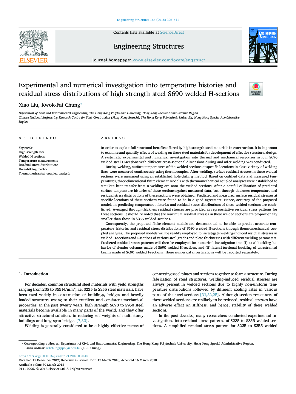 Experimental and numerical investigation into temperature histories and residual stress distributions of high strength steel S690 welded H-sections