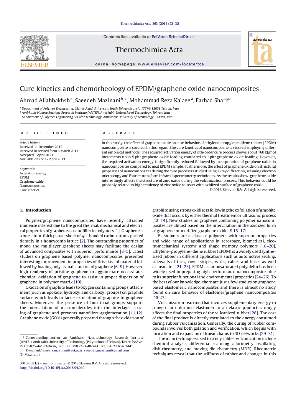 Cure kinetics and chemorheology of EPDM/graphene oxide nanocomposites