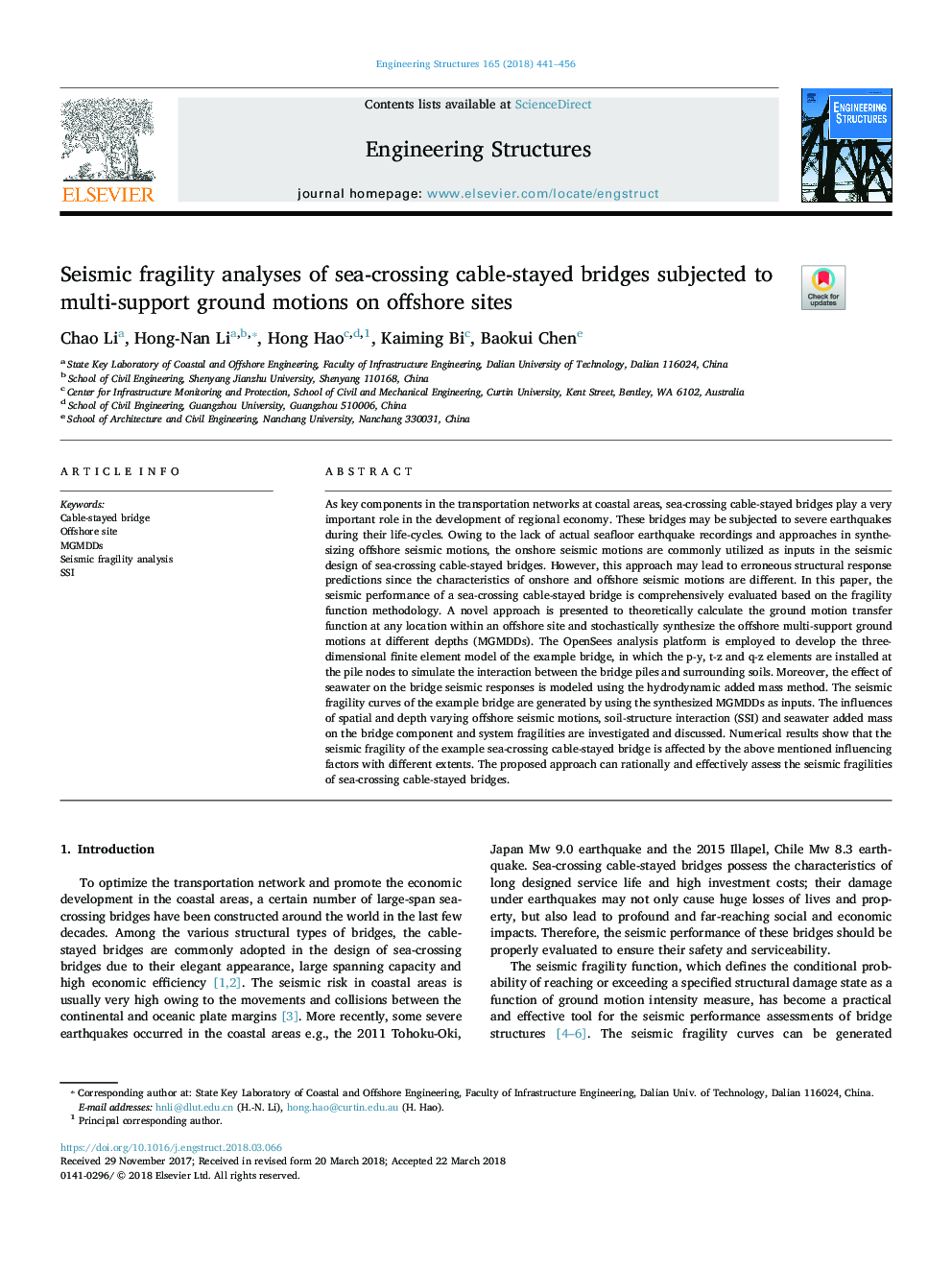 Seismic fragility analyses of sea-crossing cable-stayed bridges subjected to multi-support ground motions on offshore sites