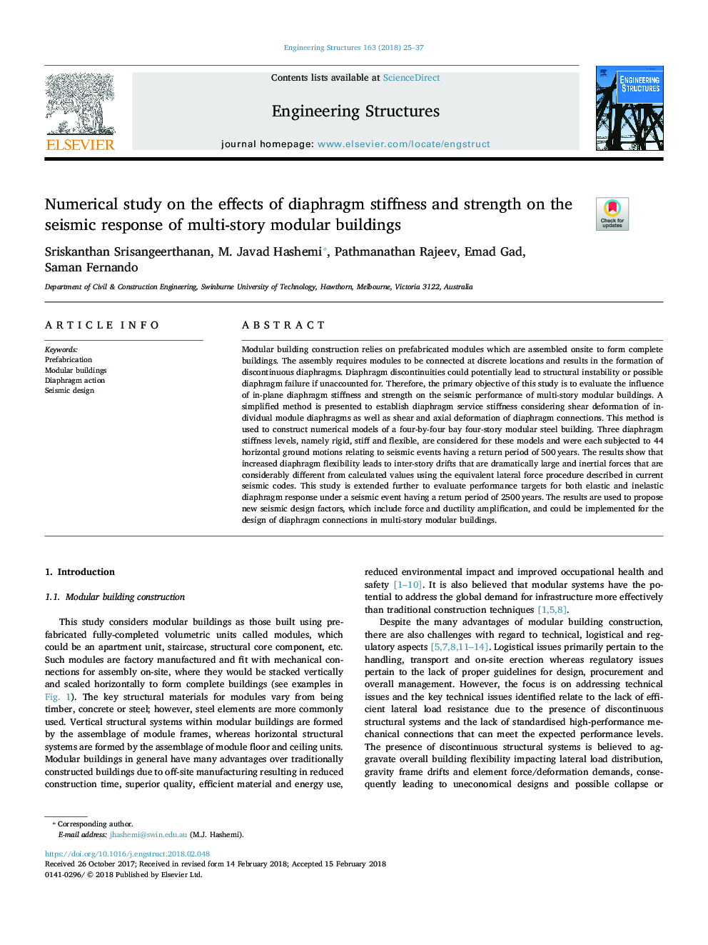 Numerical study on the effects of diaphragm stiffness and strength on the seismic response of multi-story modular buildings
