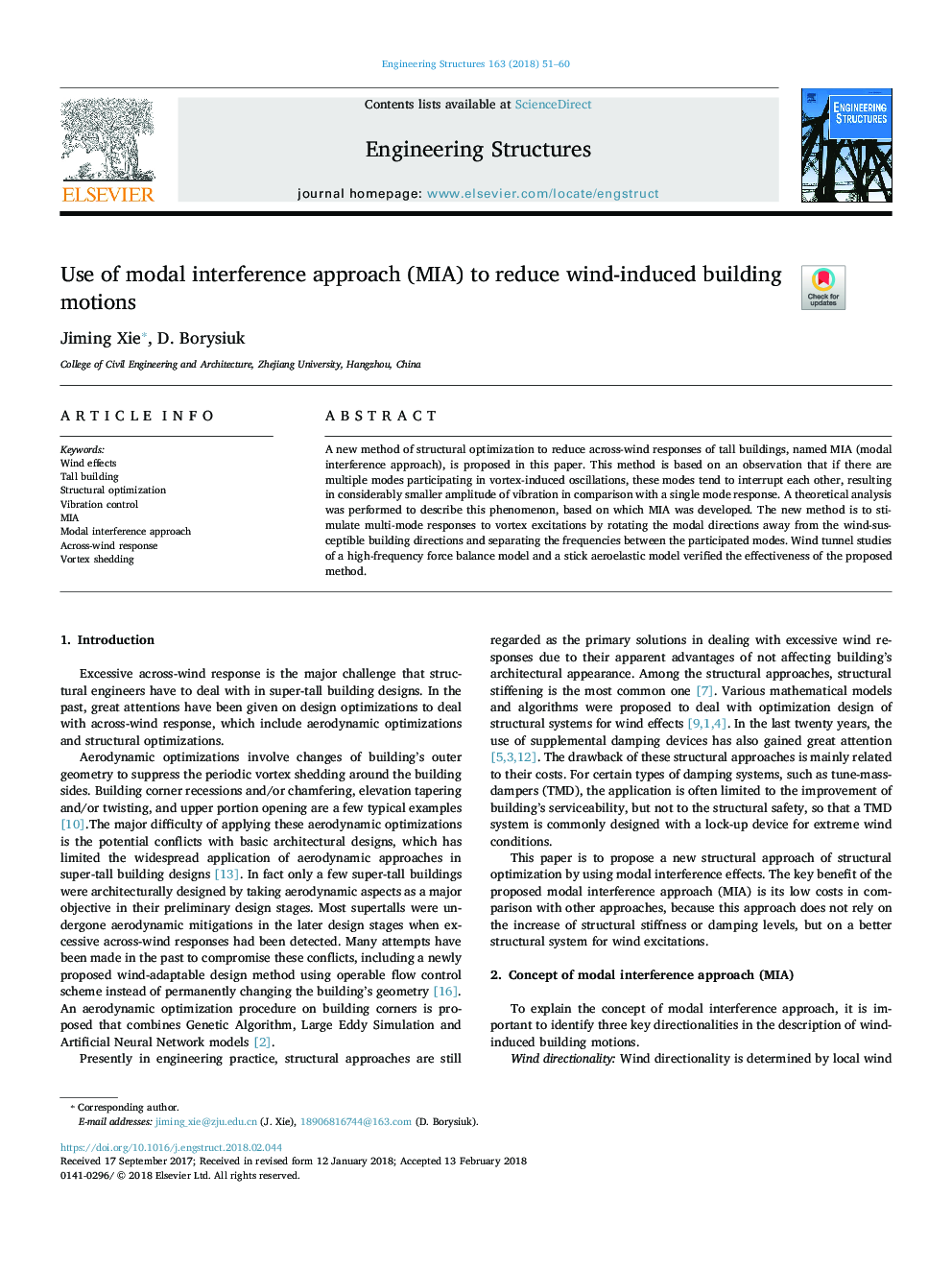 Use of modal interference approach (MIA) to reduce wind-induced building motions