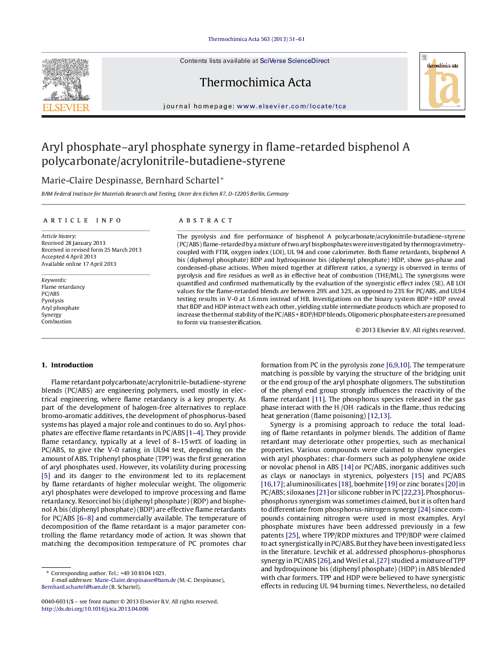 Aryl phosphate–aryl phosphate synergy in flame-retarded bisphenol A polycarbonate/acrylonitrile-butadiene-styrene