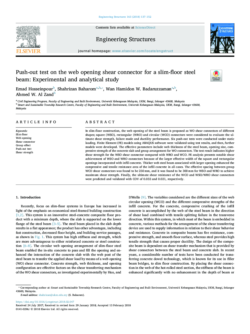 Push-out test on the web opening shear connector for a slim-floor steel beam: Experimental and analytical study