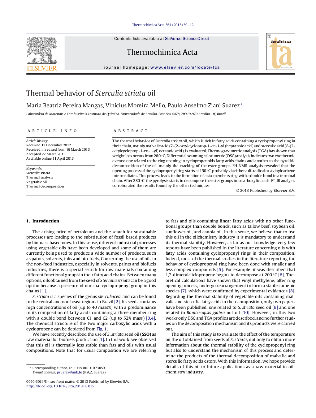 Thermal behavior of Sterculia striata oil