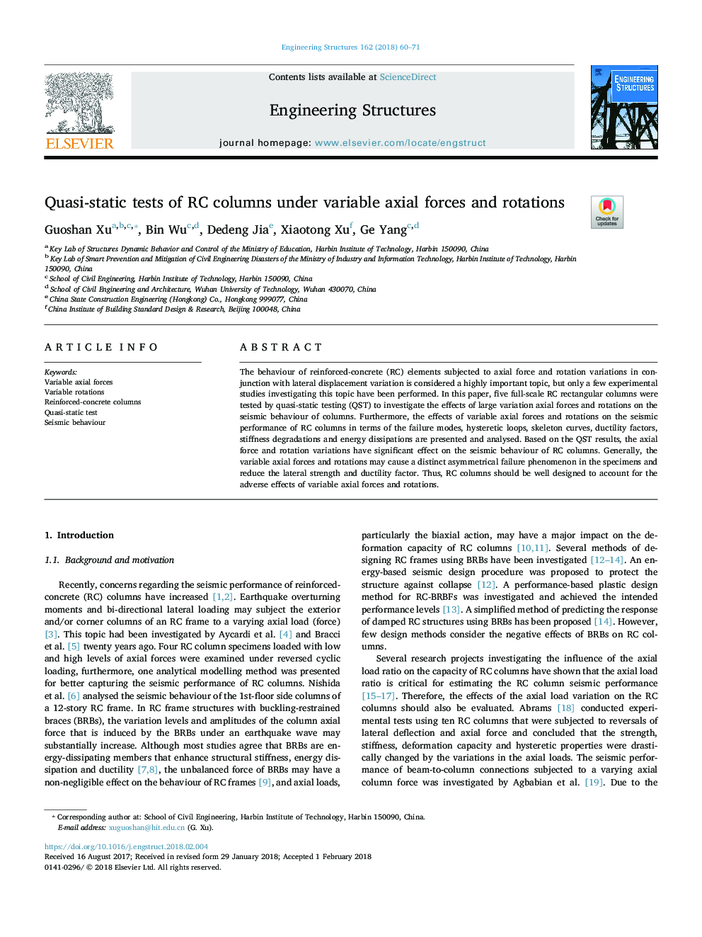 Quasi-static tests of RC columns under variable axial forces and rotations