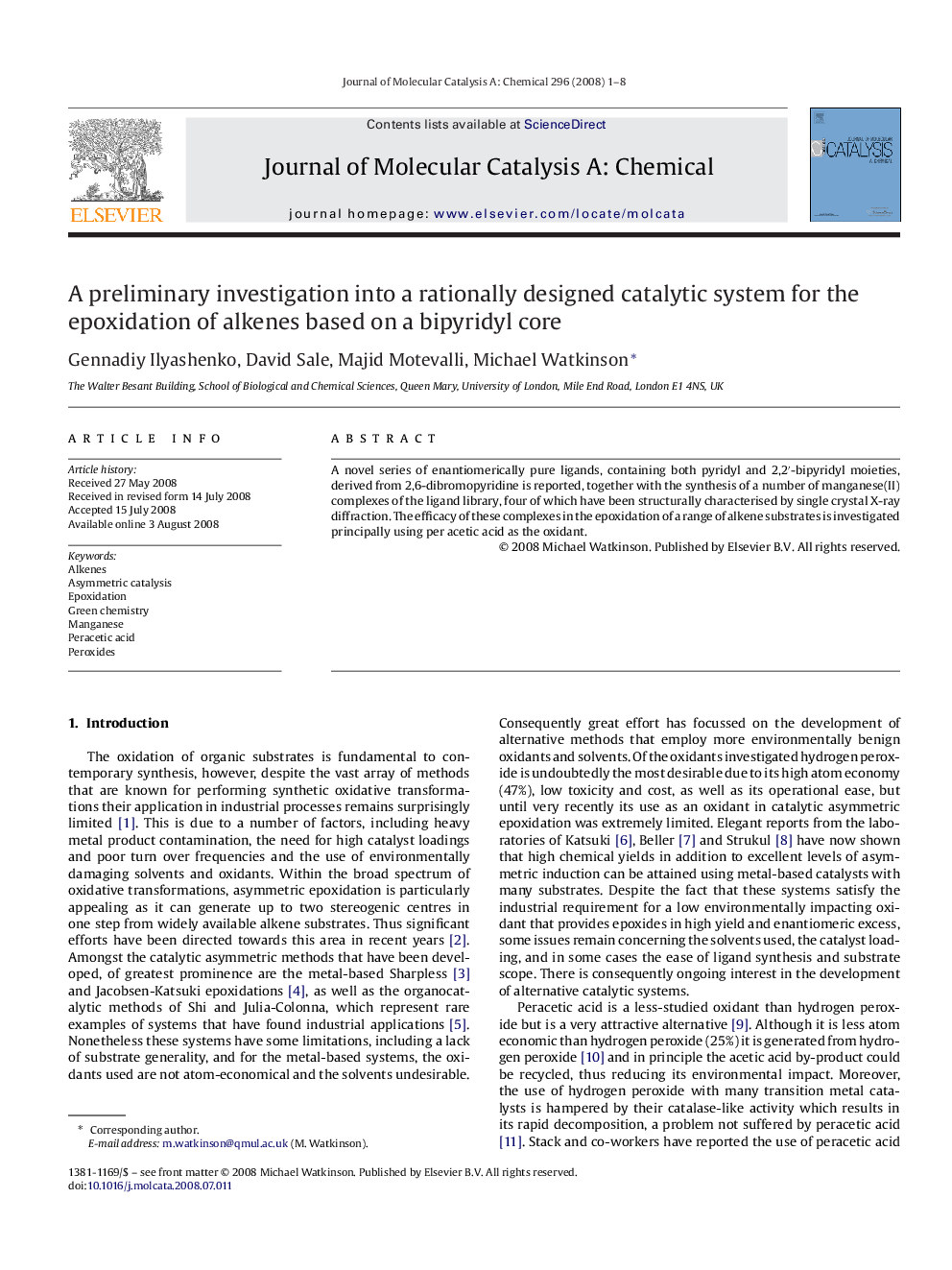 A preliminary investigation into a rationally designed catalytic system for the epoxidation of alkenes based on a bipyridyl core