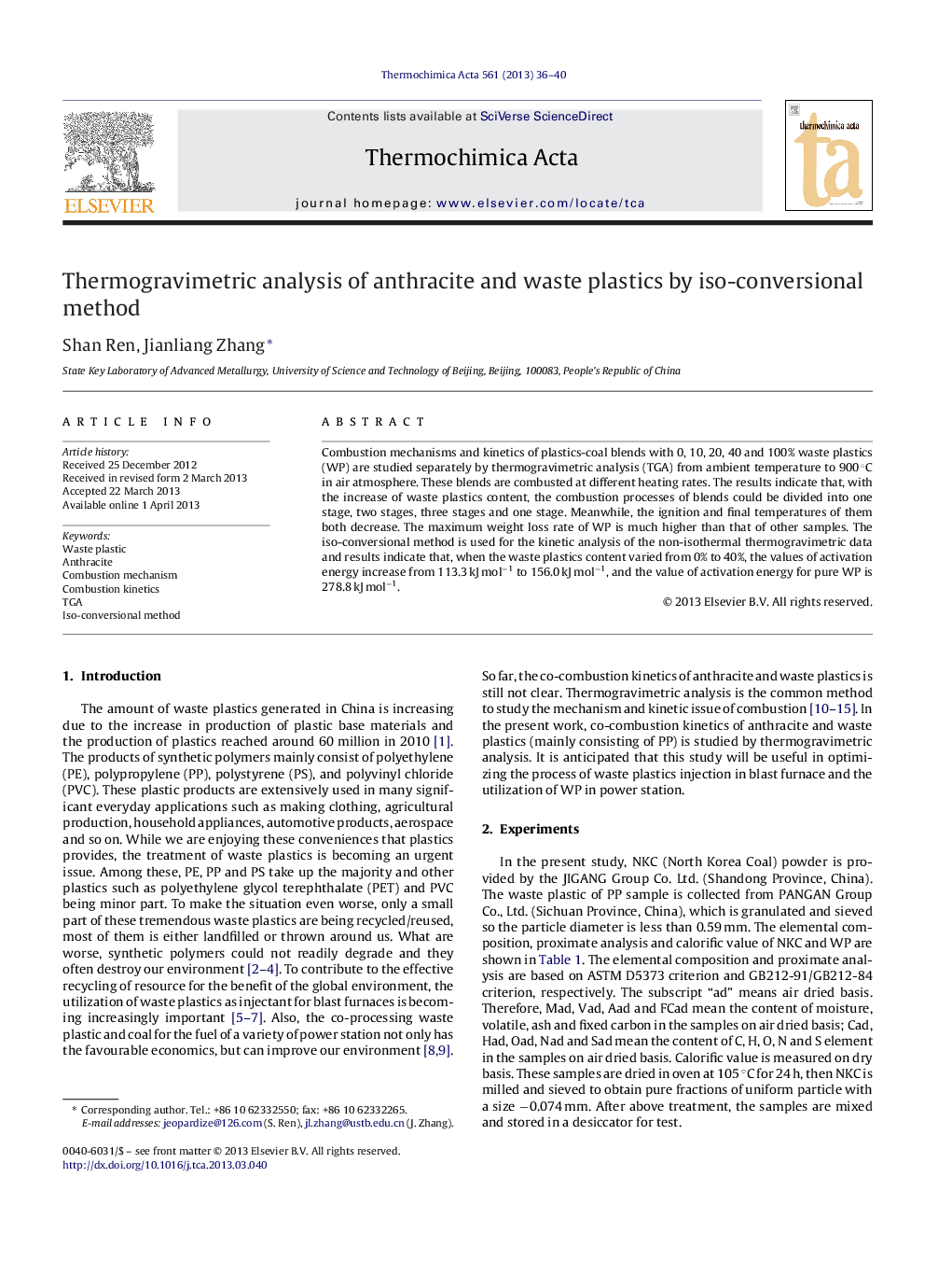 Thermogravimetric analysis of anthracite and waste plastics by iso-conversional method