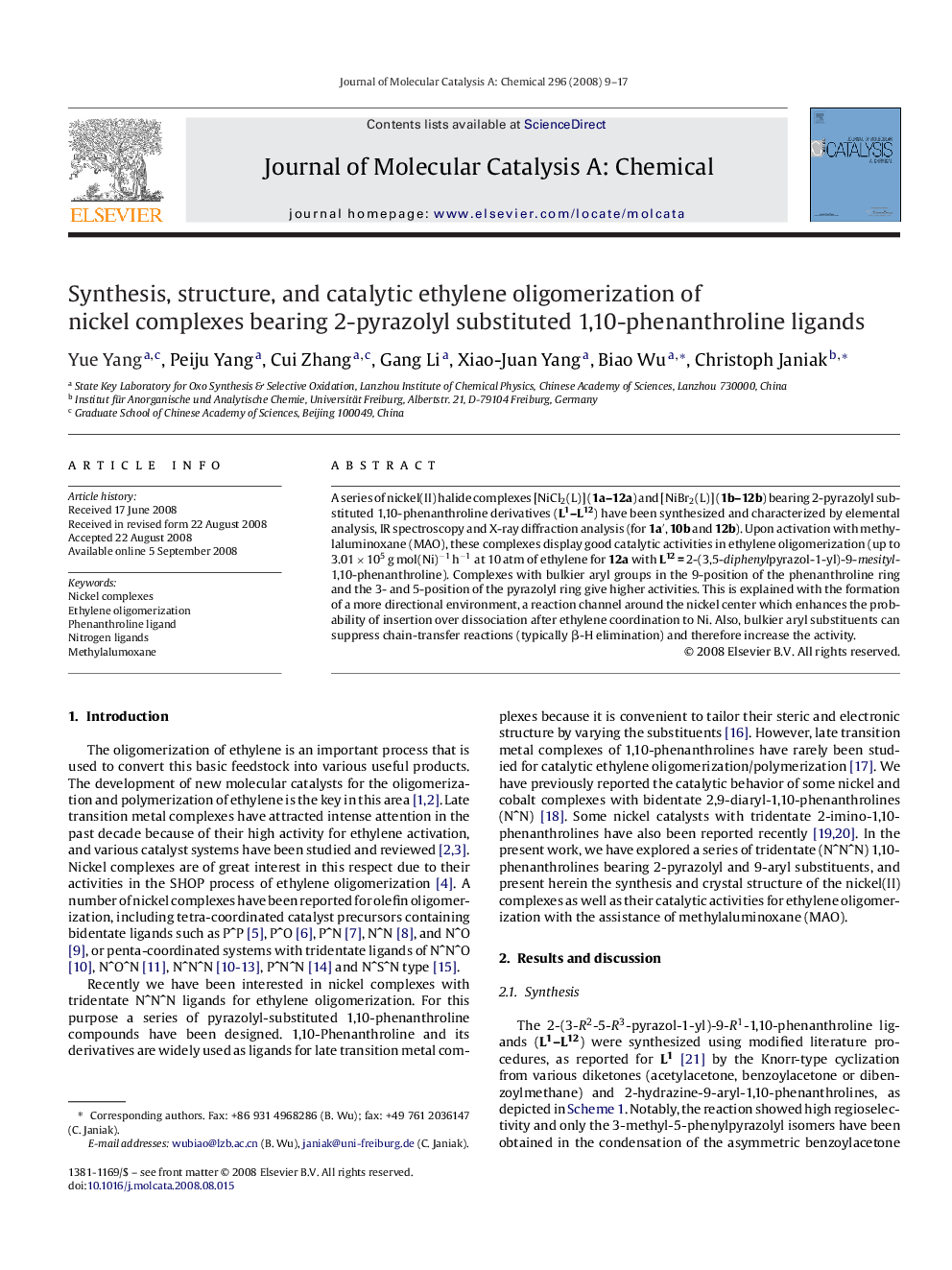 Synthesis, structure, and catalytic ethylene oligomerization of nickel complexes bearing 2-pyrazolyl substituted 1,10-phenanthroline ligands