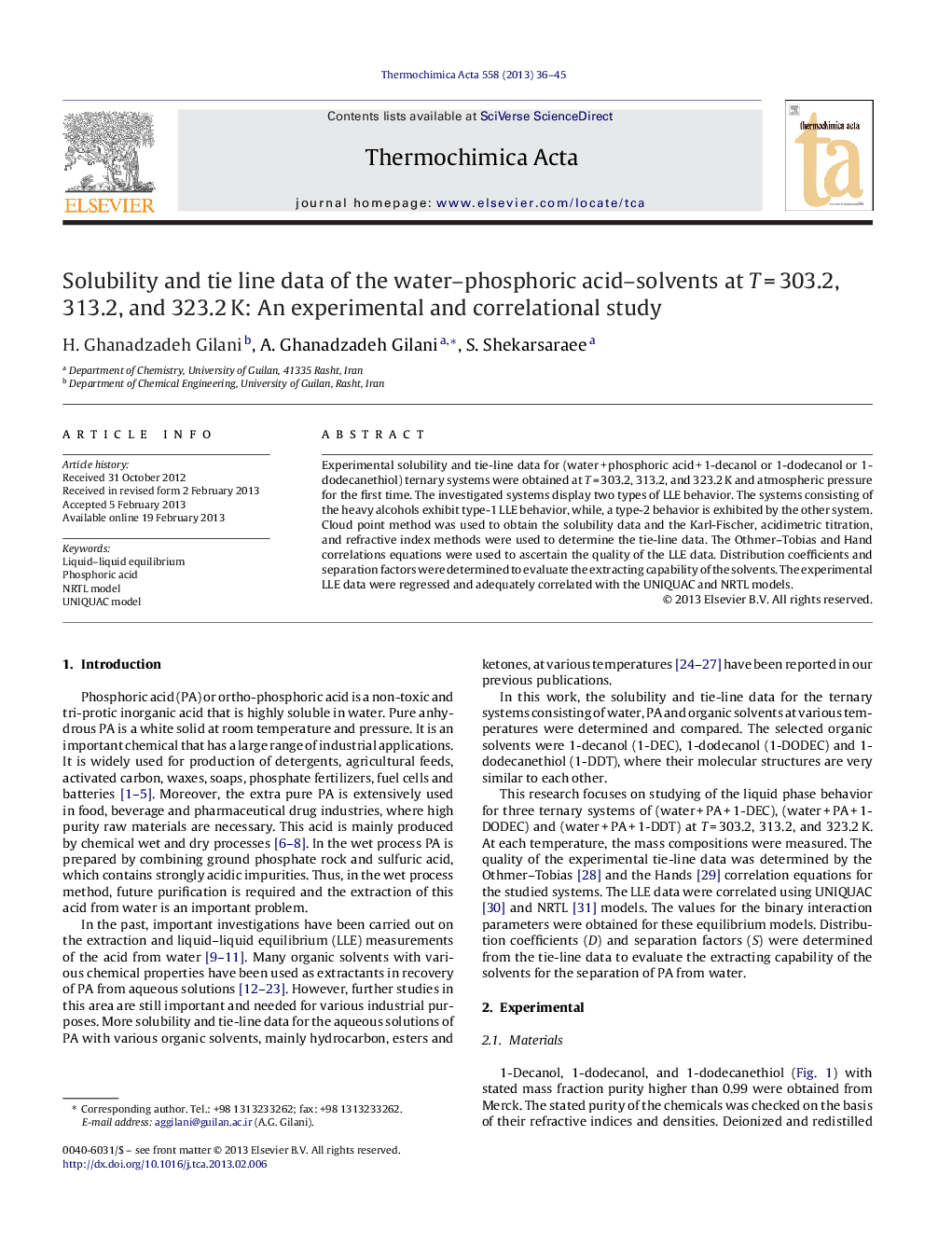 Solubility and tie line data of the water–phosphoric acid–solvents at T = 303.2, 313.2, and 323.2 K: An experimental and correlational study