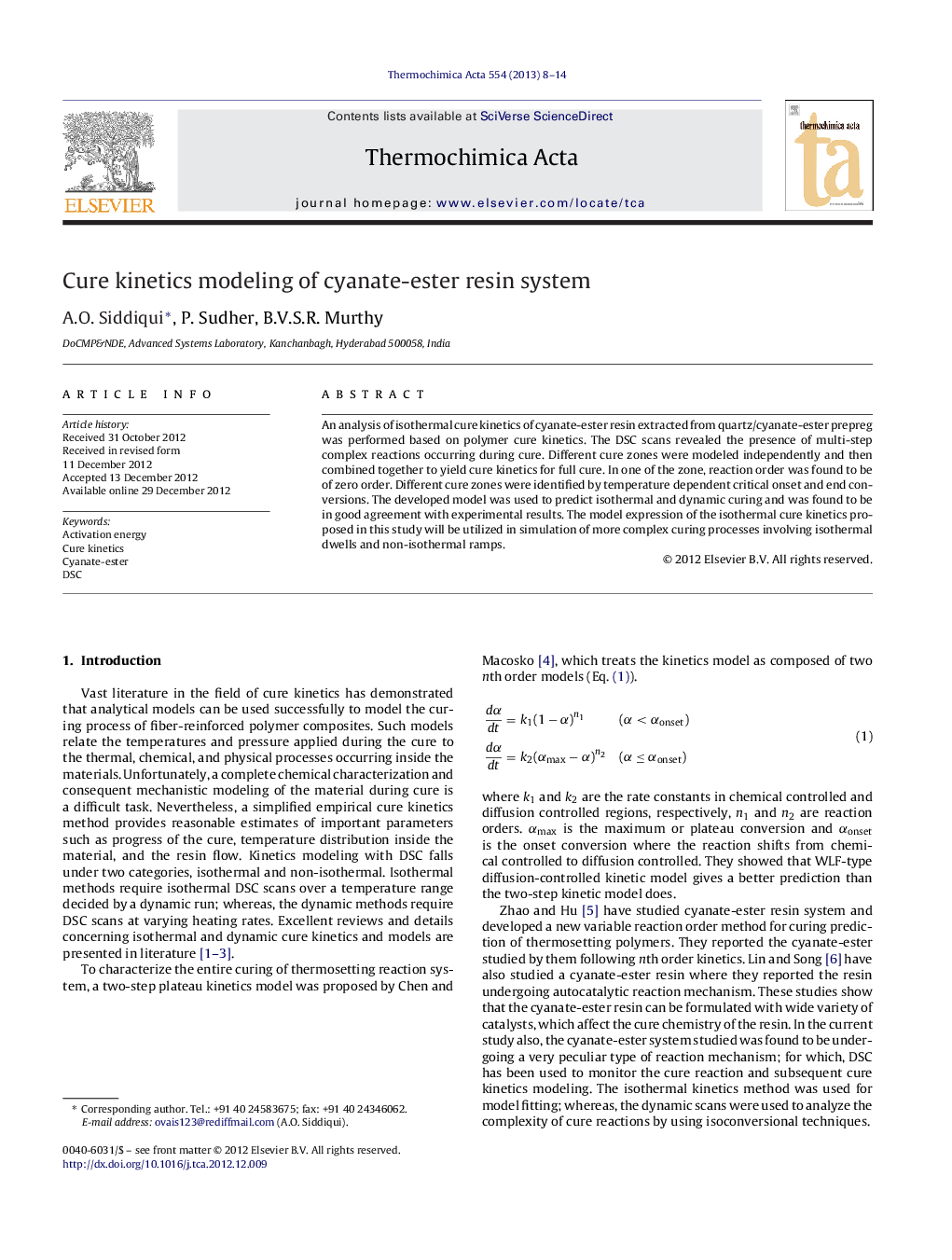 Cure kinetics modeling of cyanate-ester resin system