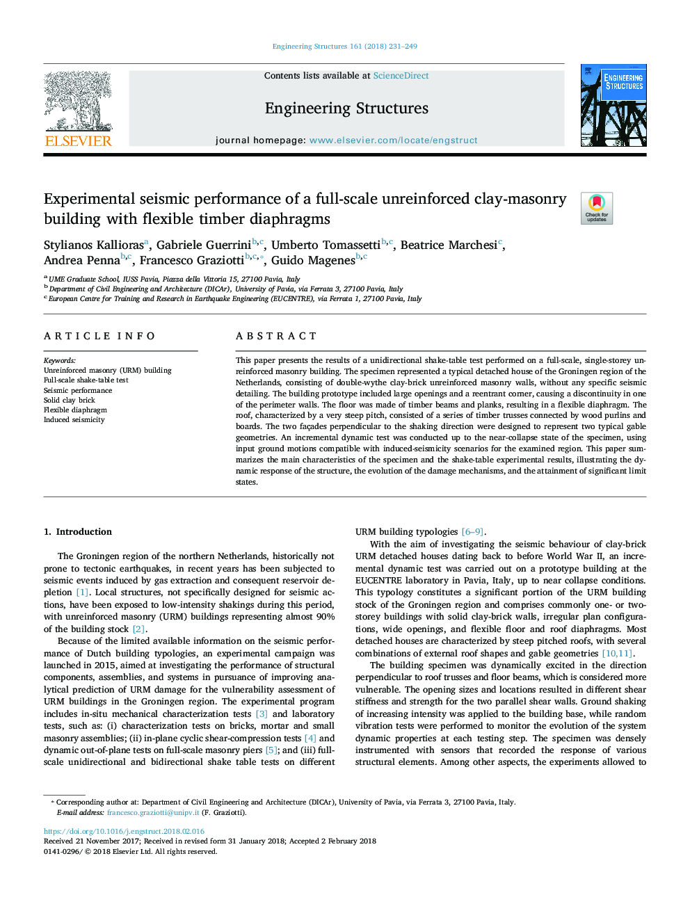 Experimental seismic performance of a full-scale unreinforced clay-masonry building with flexible timber diaphragms