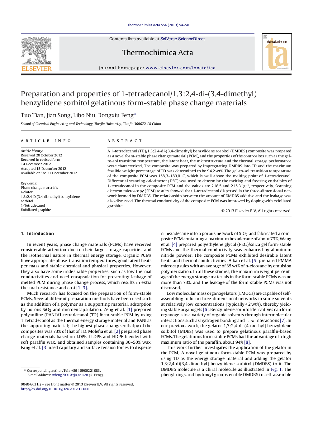 Preparation and properties of 1-tetradecanol/1,3:2,4-di-(3,4-dimethyl) benzylidene sorbitol gelatinous form-stable phase change materials