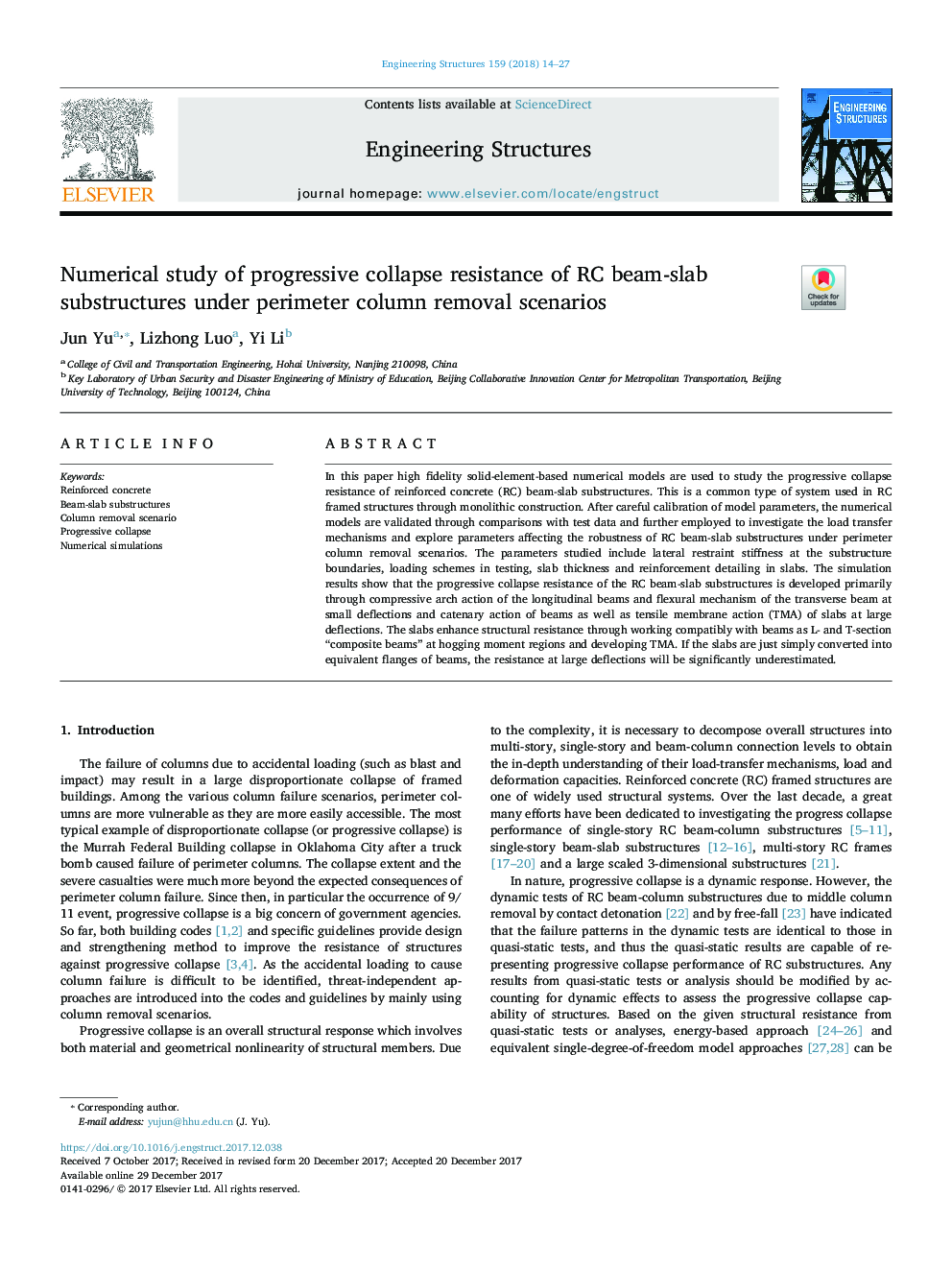 Numerical study of progressive collapse resistance of RC beam-slab substructures under perimeter column removal scenarios