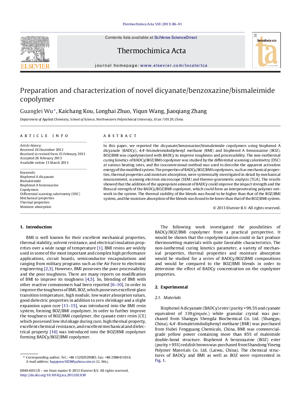 Preparation and characterization of novel dicyanate/benzoxazine/bismaleimide copolymer