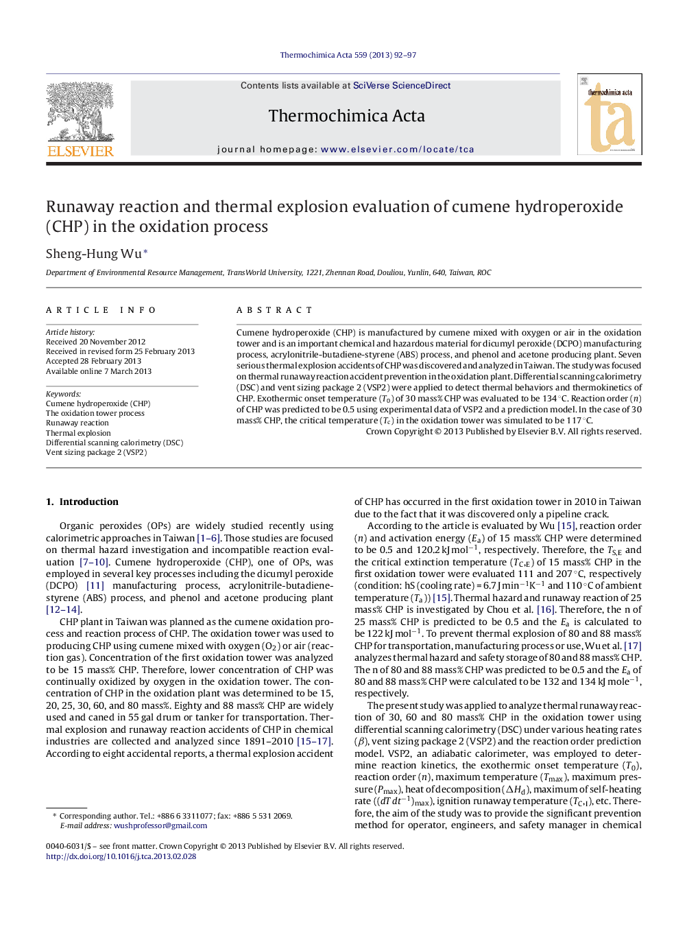 Runaway reaction and thermal explosion evaluation of cumene hydroperoxide (CHP) in the oxidation process