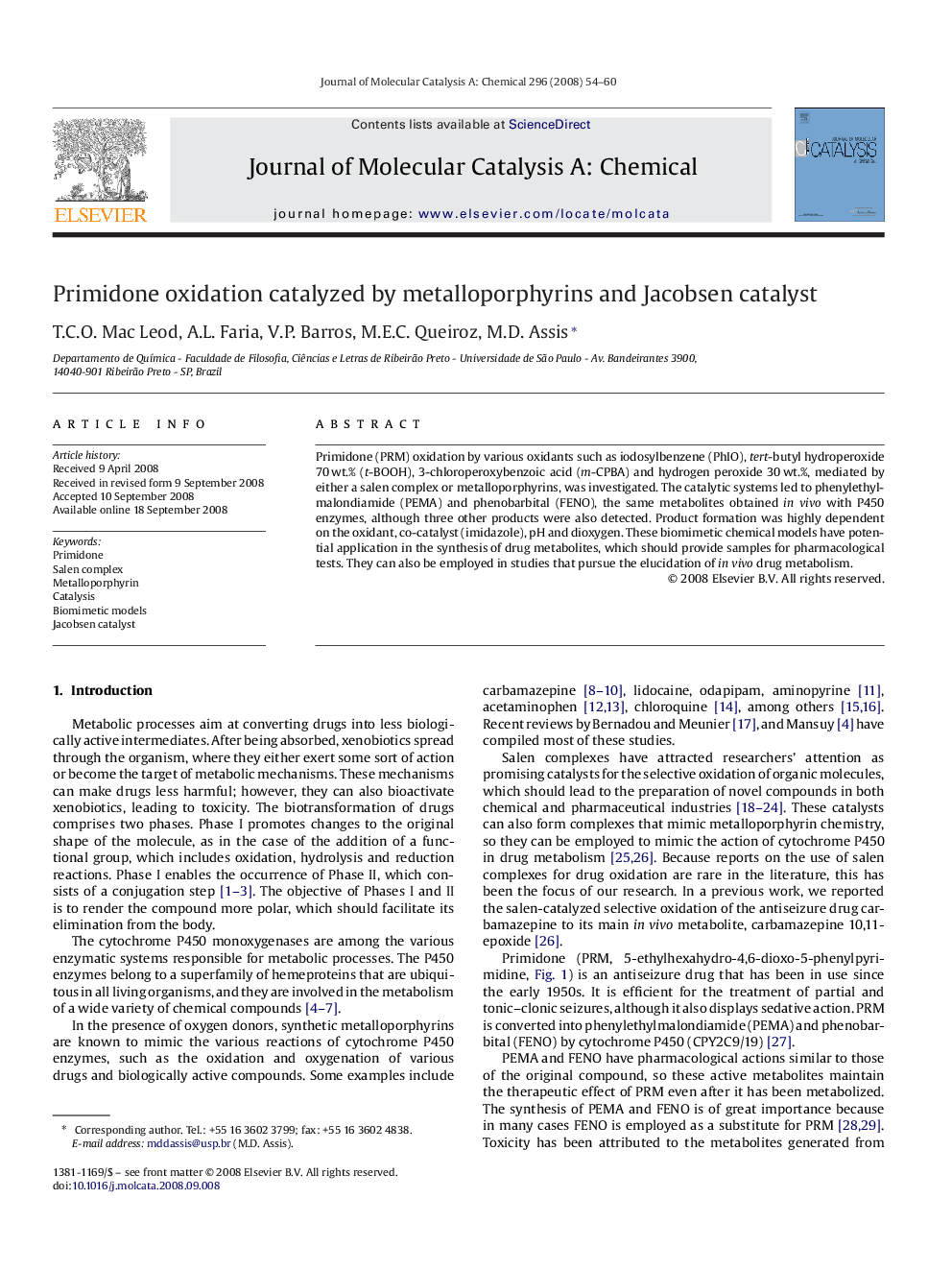 Primidone oxidation catalyzed by metalloporphyrins and Jacobsen catalyst