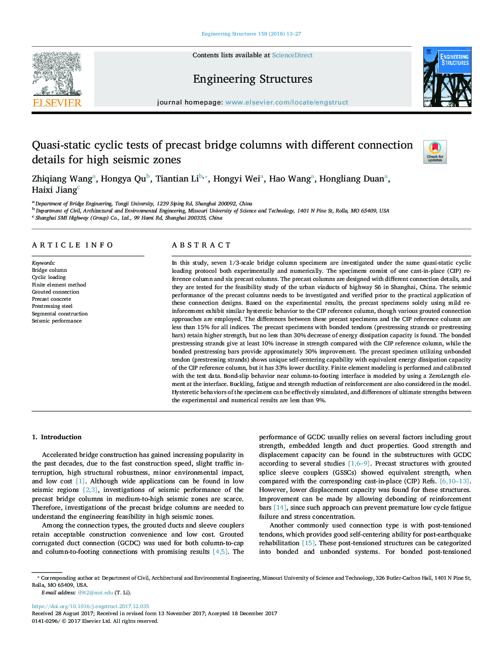 Quasi-static cyclic tests of precast bridge columns with different connection details for high seismic zones