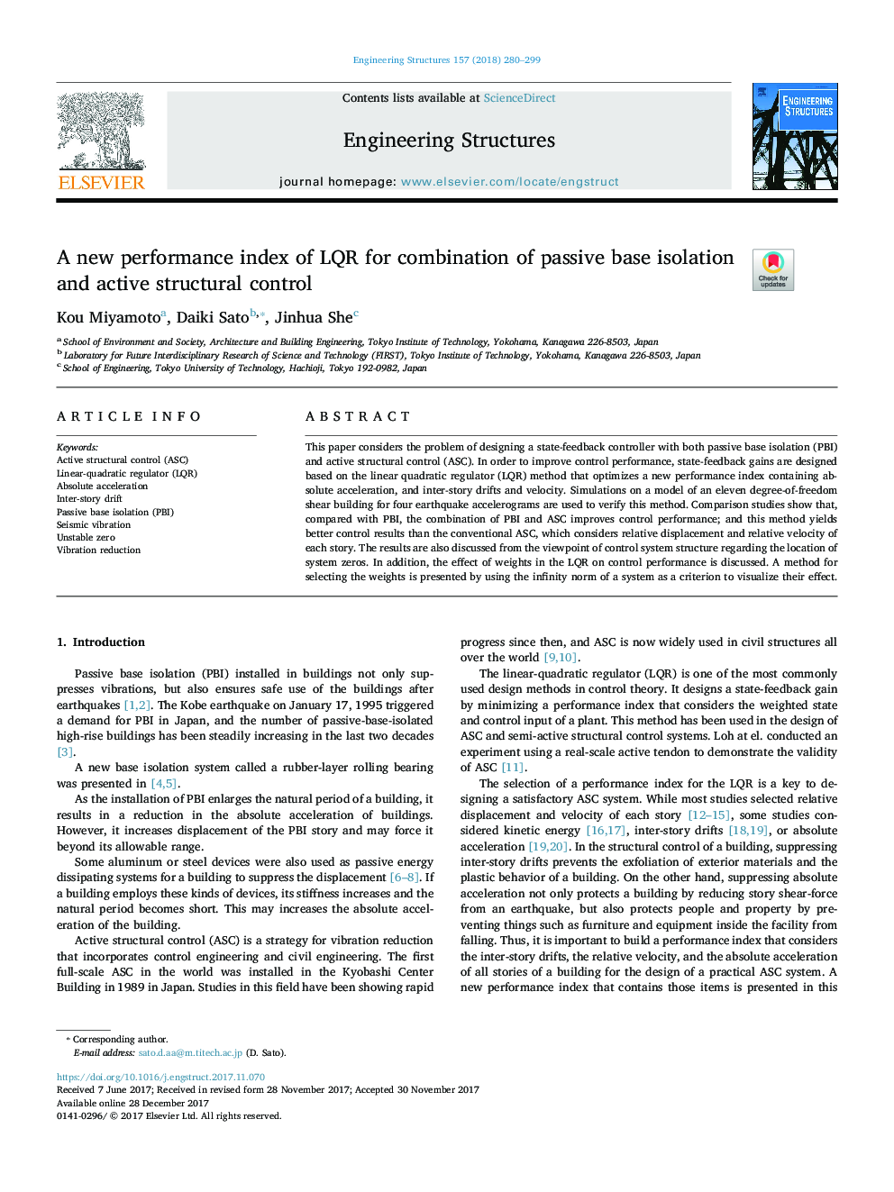 A new performance index of LQR for combination of passive base isolation and active structural control