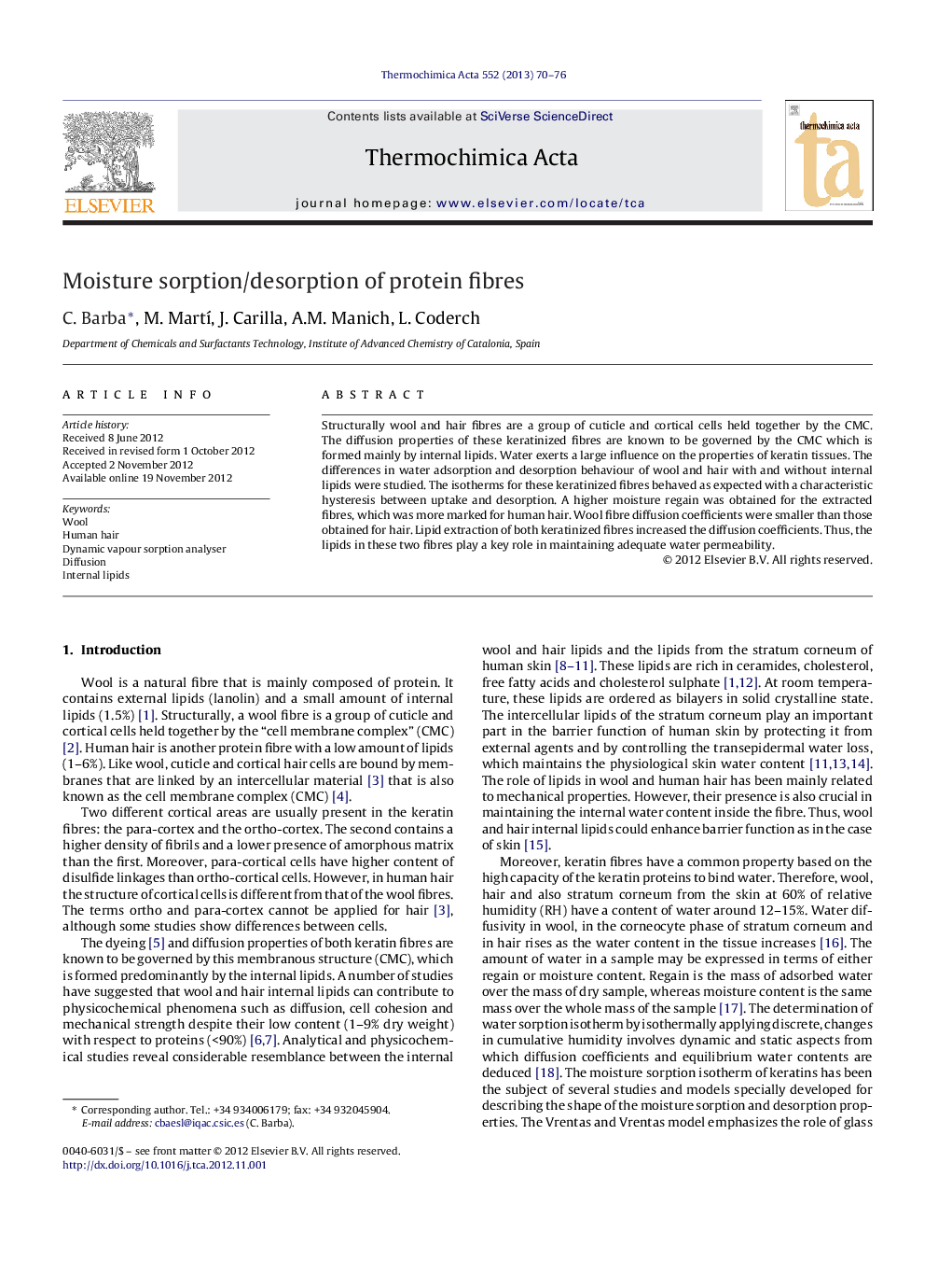 Moisture sorption/desorption of protein fibres