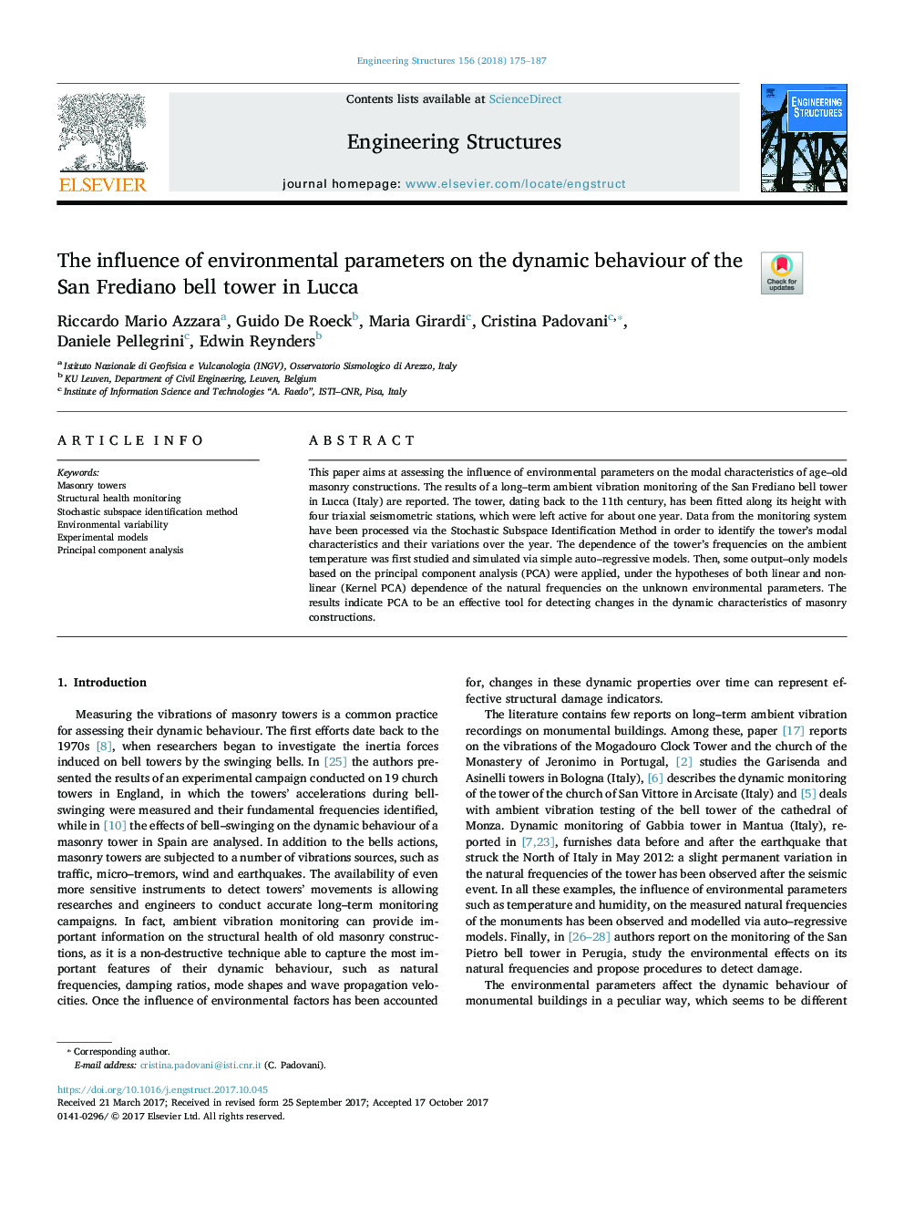 The influence of environmental parameters on the dynamic behaviour of the San Frediano bell tower in Lucca