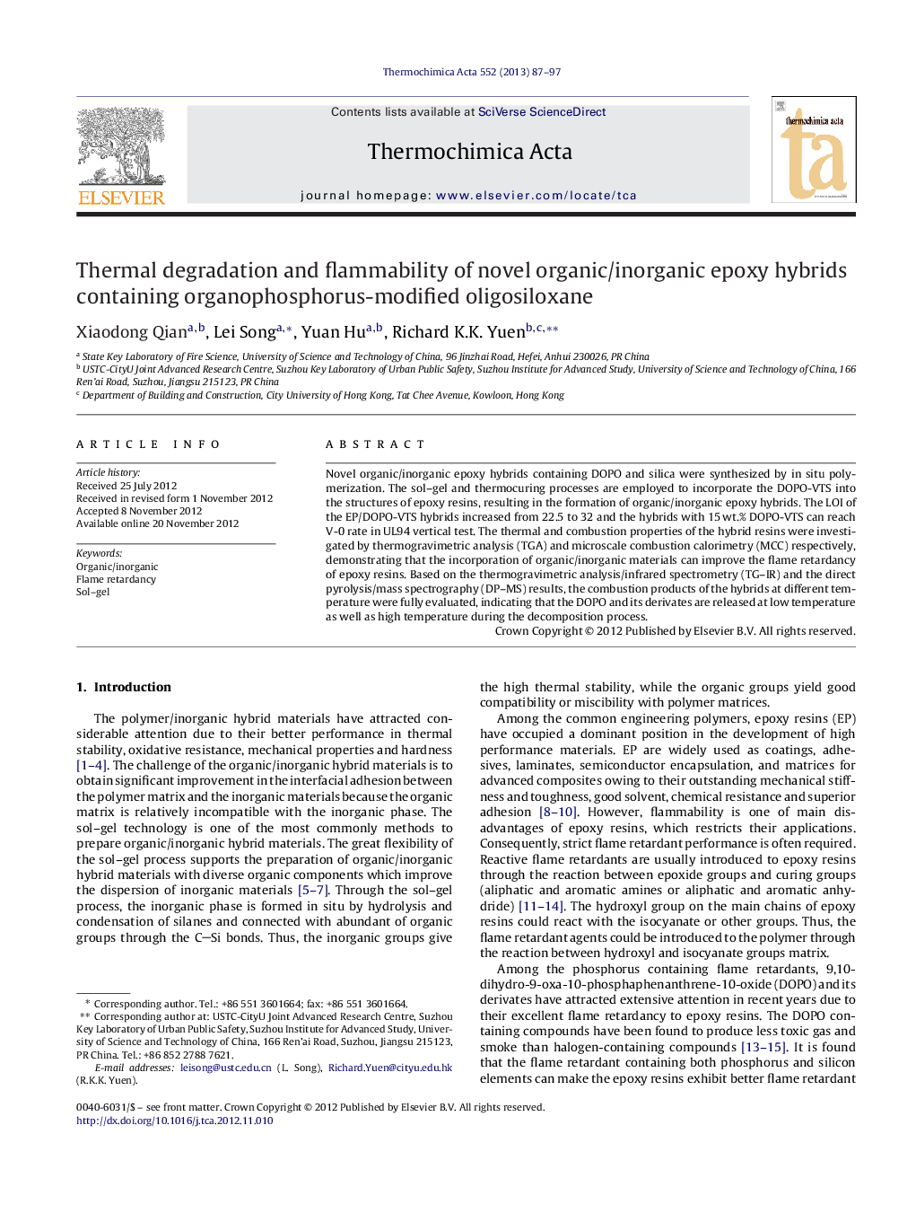 Thermal degradation and flammability of novel organic/inorganic epoxy hybrids containing organophosphorus-modified oligosiloxane