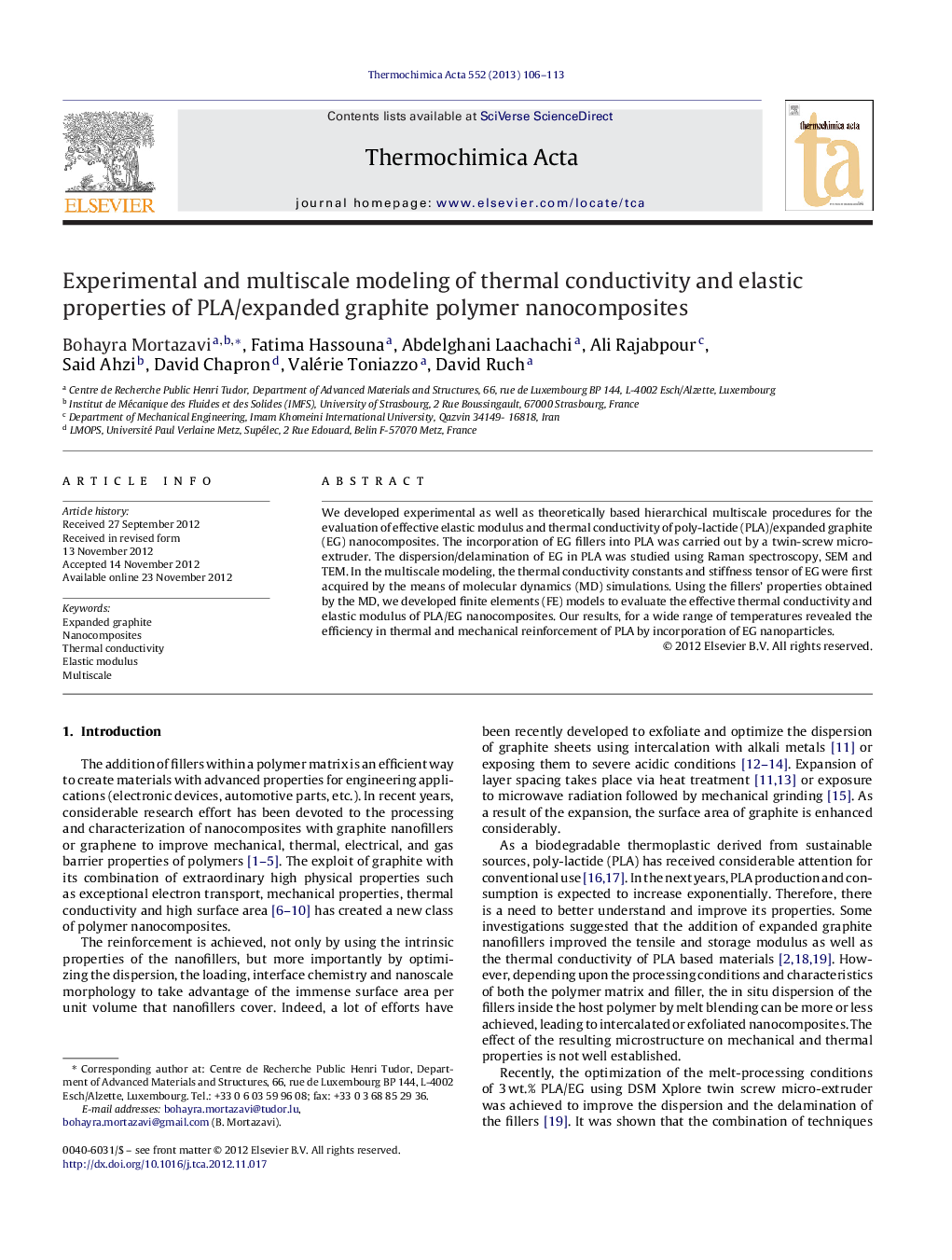 Experimental and multiscale modeling of thermal conductivity and elastic properties of PLA/expanded graphite polymer nanocomposites