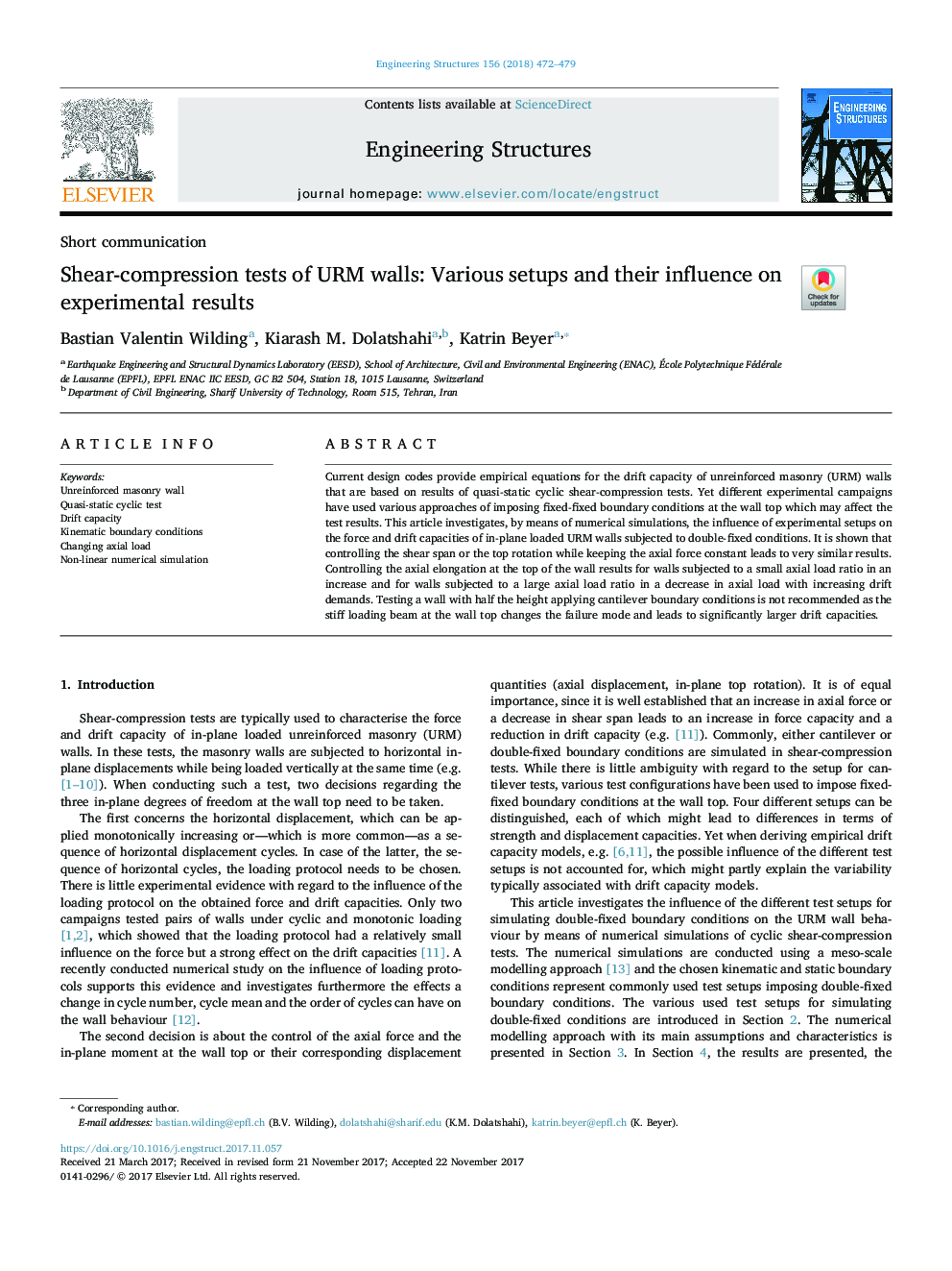 Shear-compression tests of URM walls: Various setups and their influence on experimental results