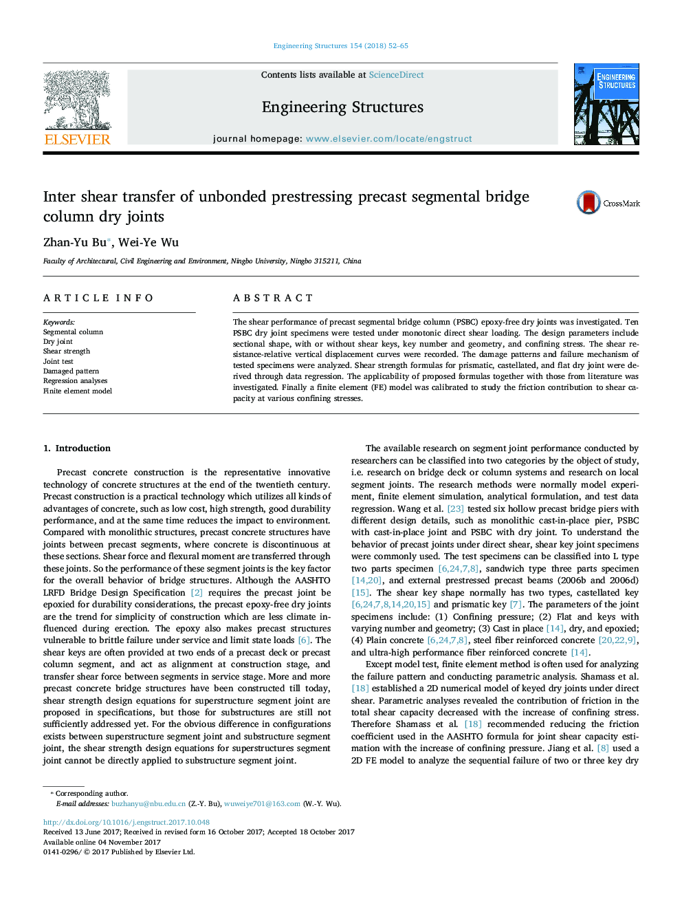 Inter shear transfer of unbonded prestressing precast segmental bridge column dry joints