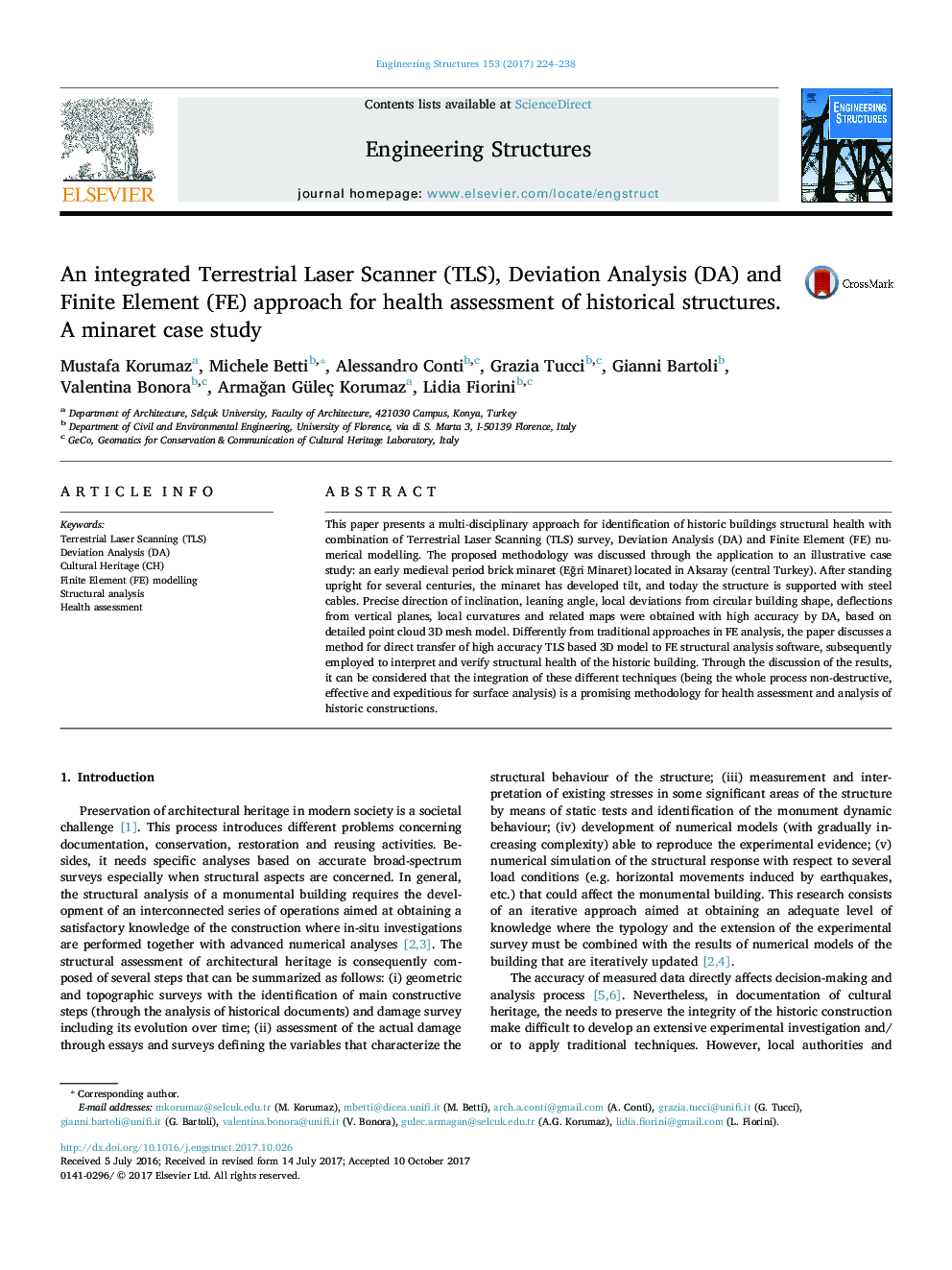 An integrated Terrestrial Laser Scanner (TLS), Deviation Analysis (DA) and Finite Element (FE) approach for health assessment of historical structures. A minaret case study