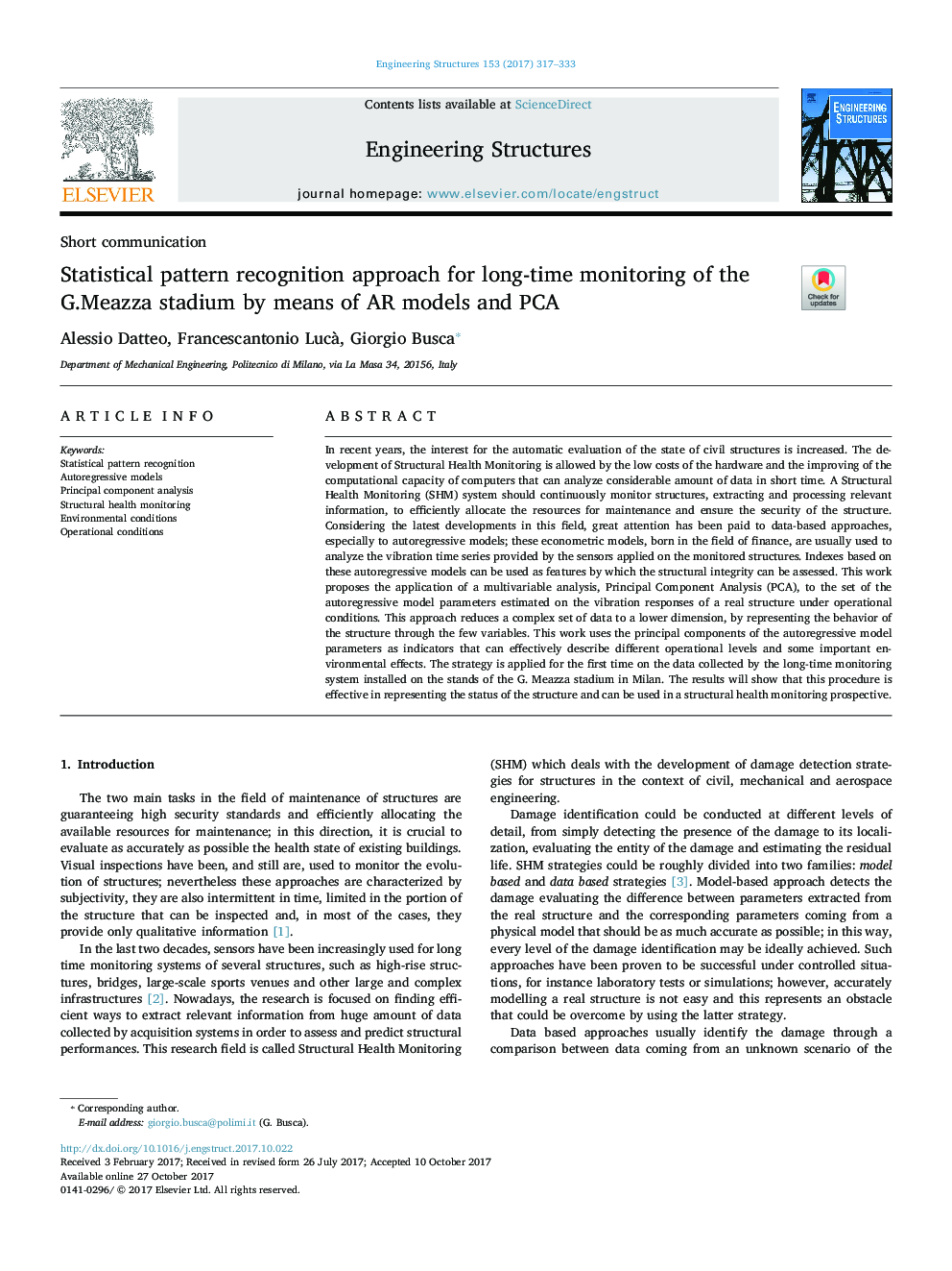 Statistical pattern recognition approach for long-time monitoring of the G.Meazza stadium by means of AR models and PCA