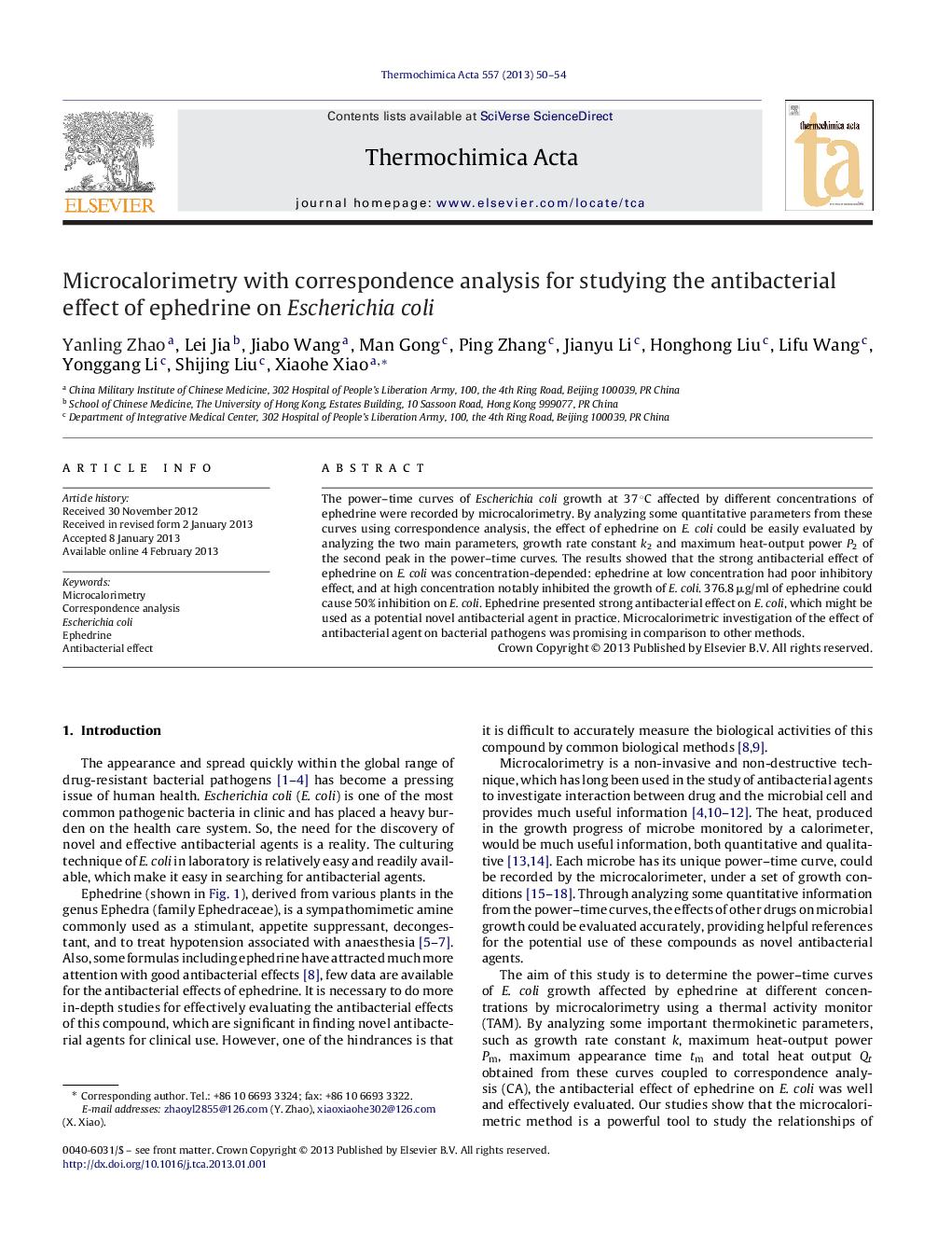 Microcalorimetry with correspondence analysis for studying the antibacterial effect of ephedrine on Escherichia coli