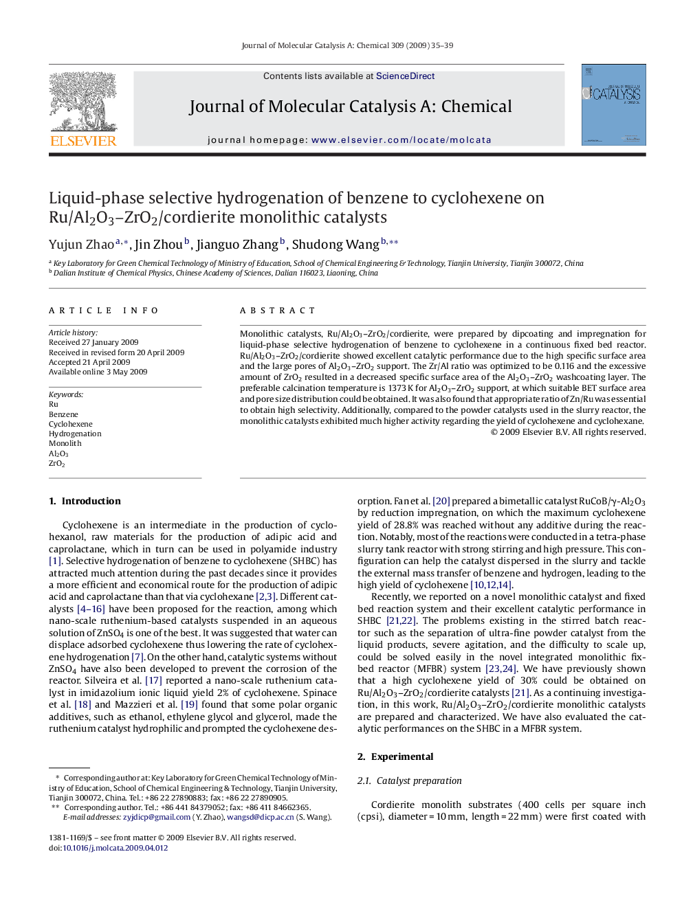 Liquid-phase selective hydrogenation of benzene to cyclohexene on Ru/Al2O3–ZrO2/cordierite monolithic catalysts