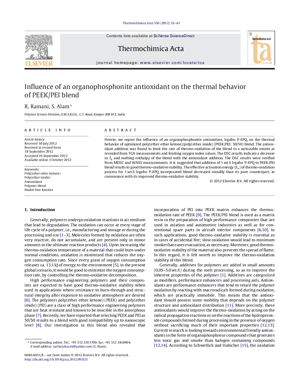 Influence of an organophosphonite antioxidant on the thermal behavior of PEEK/PEI blend