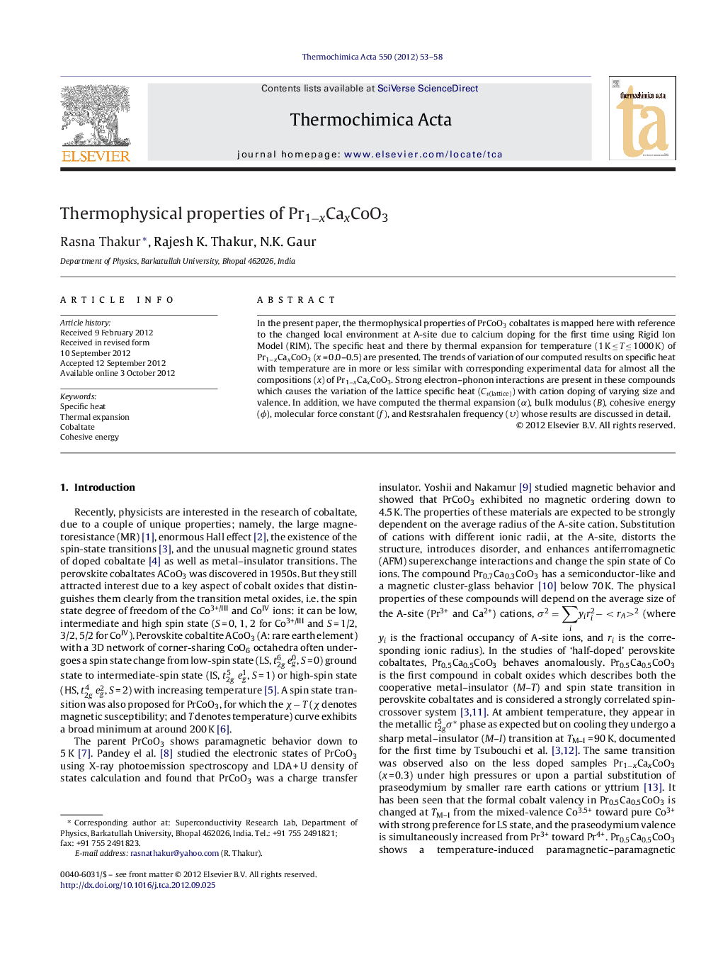 Thermophysical properties of Pr1−xCaxCoO3