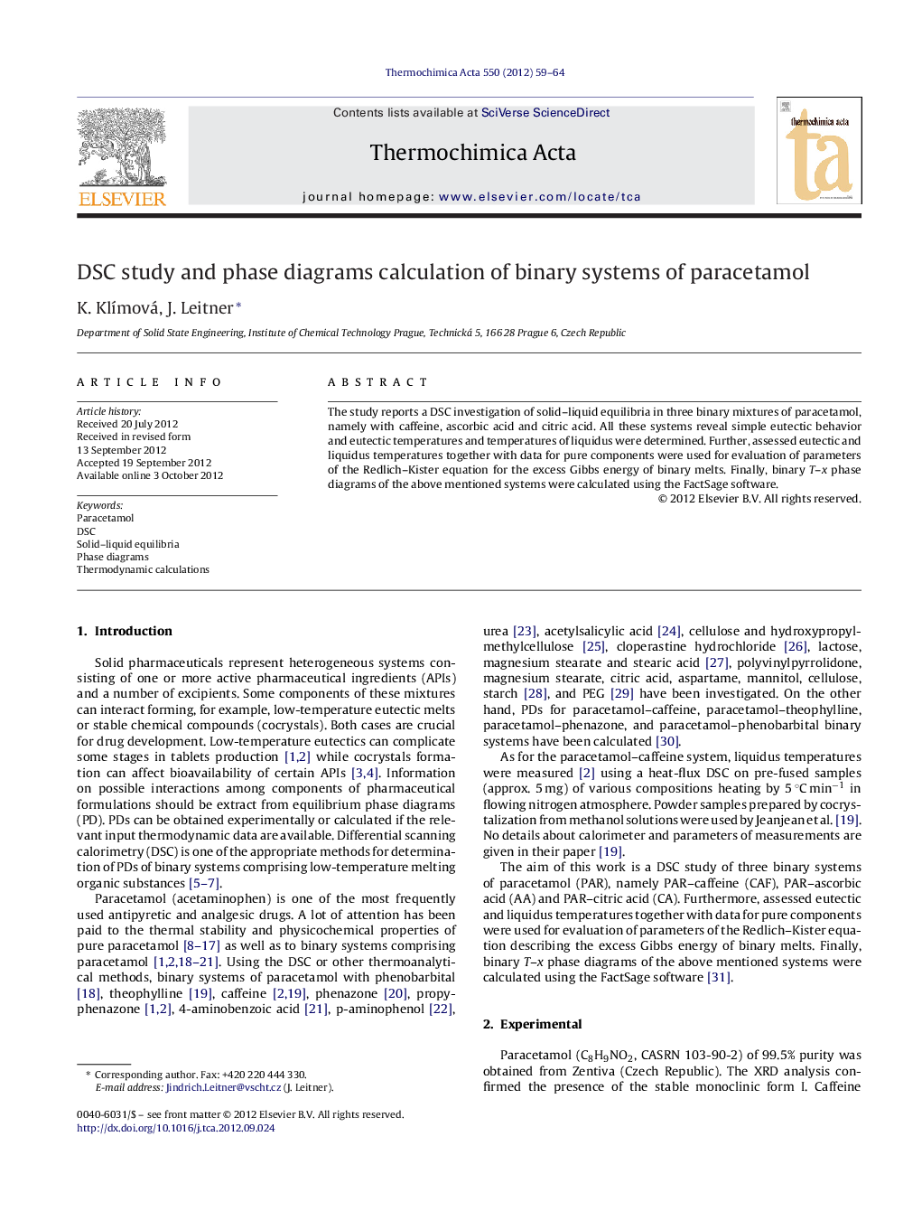 DSC study and phase diagrams calculation of binary systems of paracetamol