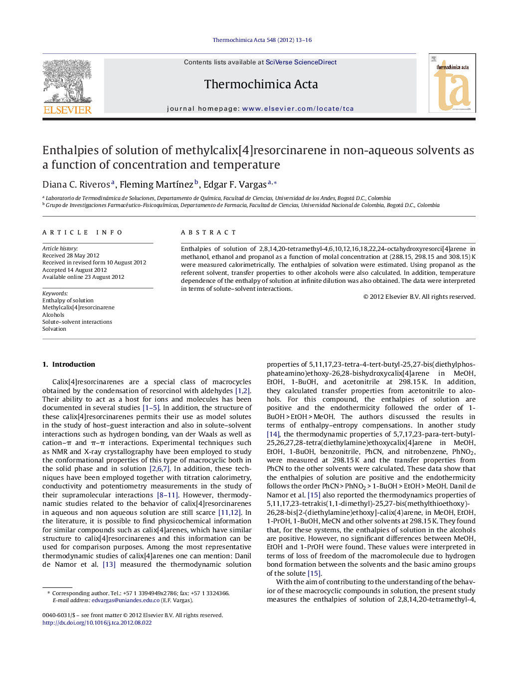 Enthalpies of solution of methylcalix[4]resorcinarene in non-aqueous solvents as a function of concentration and temperature