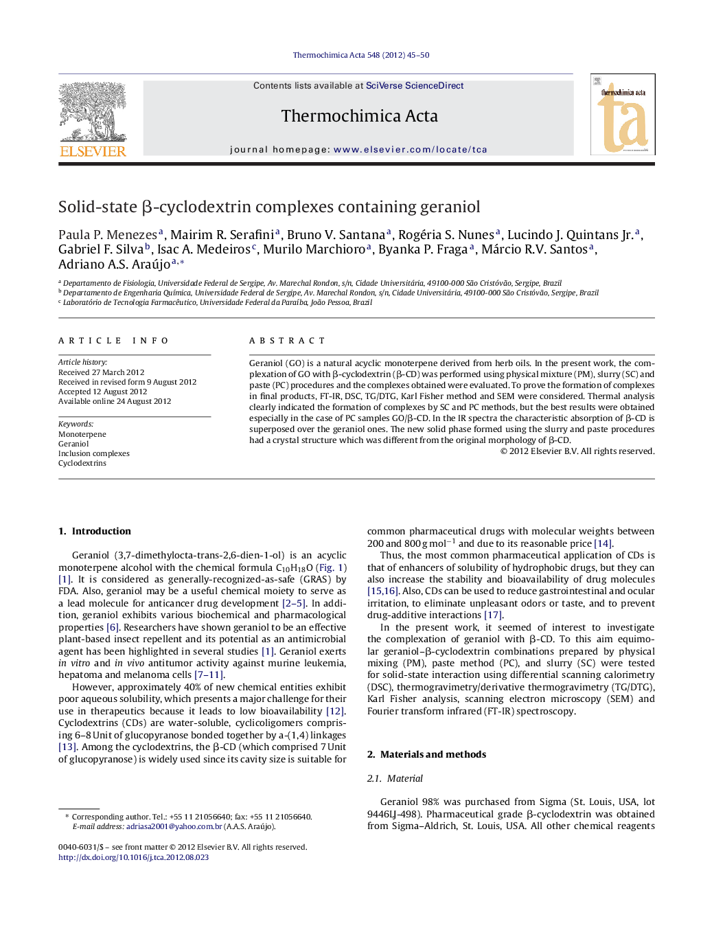 Solid-state β-cyclodextrin complexes containing geraniol